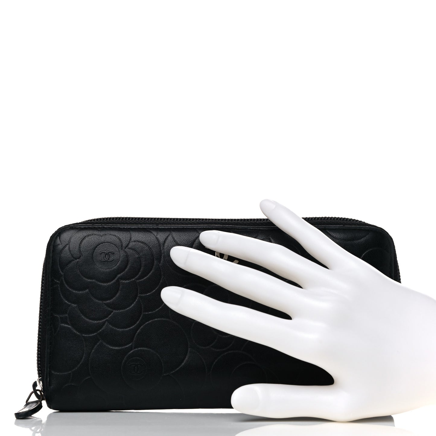 Lambskin Camellia Embossed Large Zip Around Gusset Wallet Black