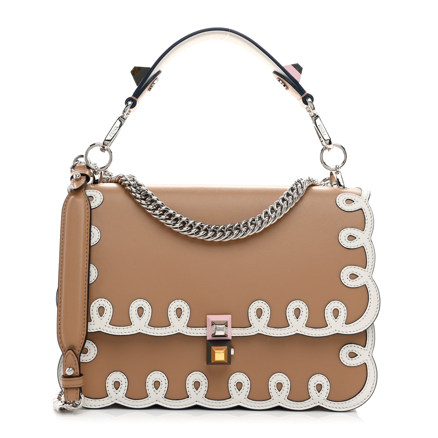 Fendi Vitello Liberty Dolce Scalloped Studded Scrollwork Kan I Shoulder Bag Cuoio White 1 of 10