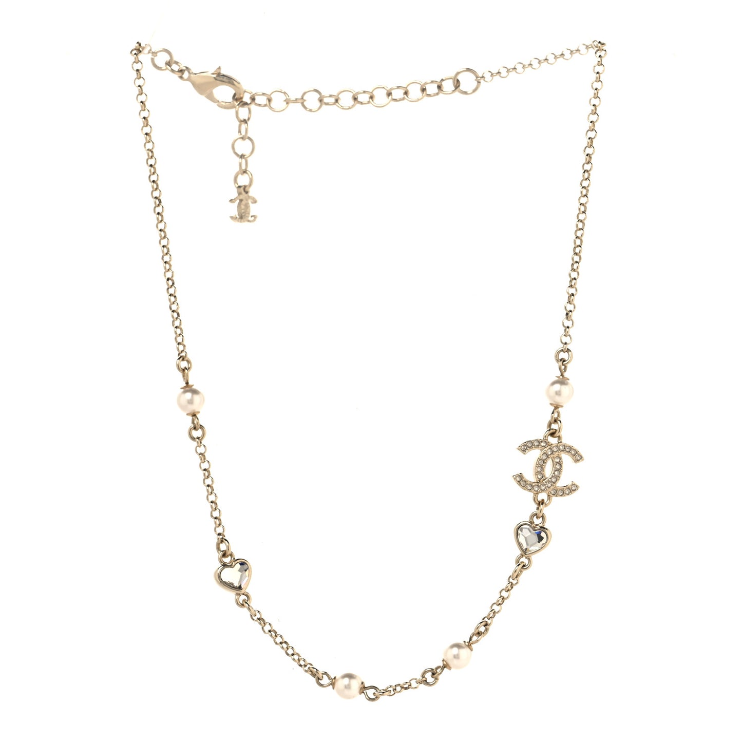 Pearl Crystal CC Heart Chain Short Necklace Gold