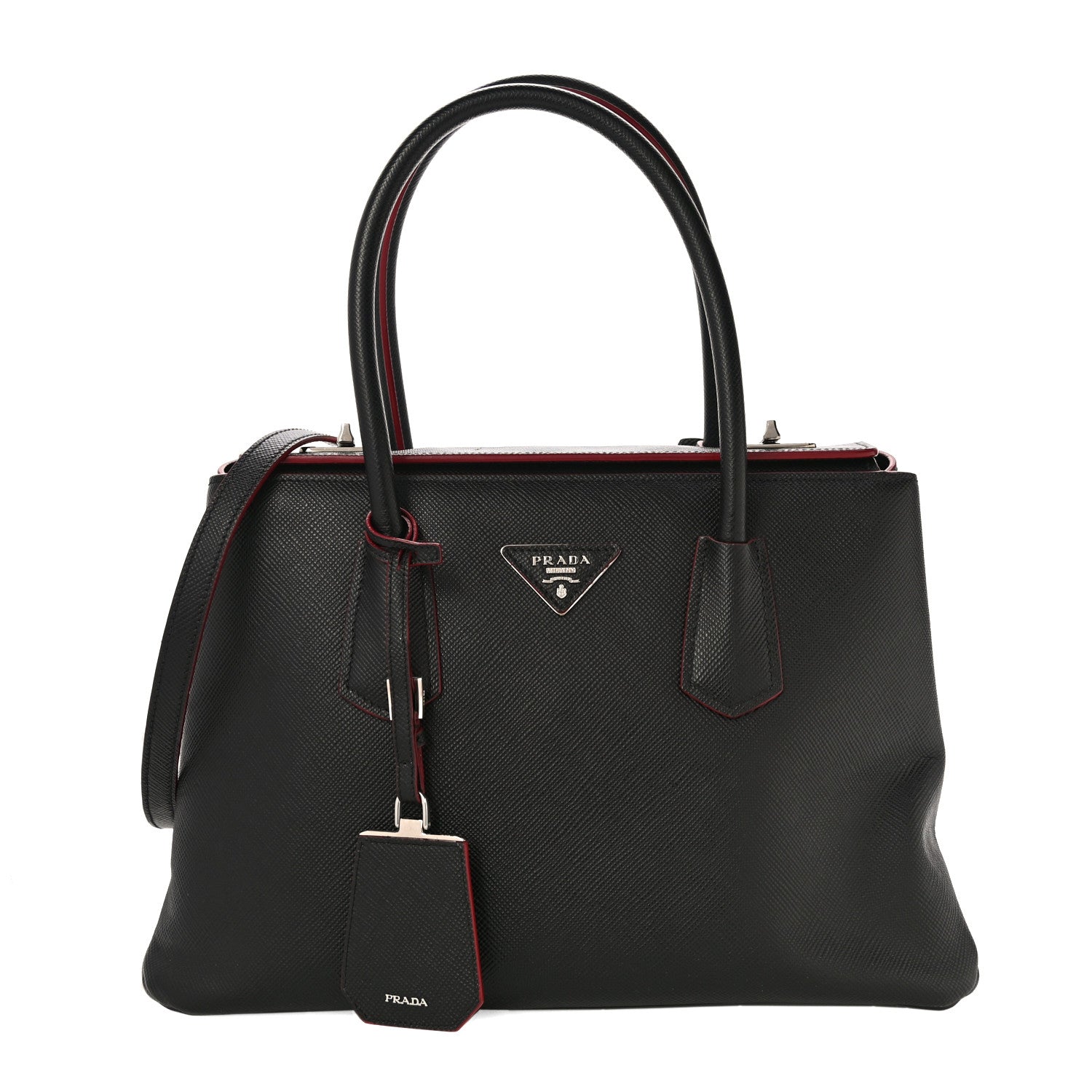 Prada Saffiano Cuir Twin Tote Black Fuoco 1 of 9