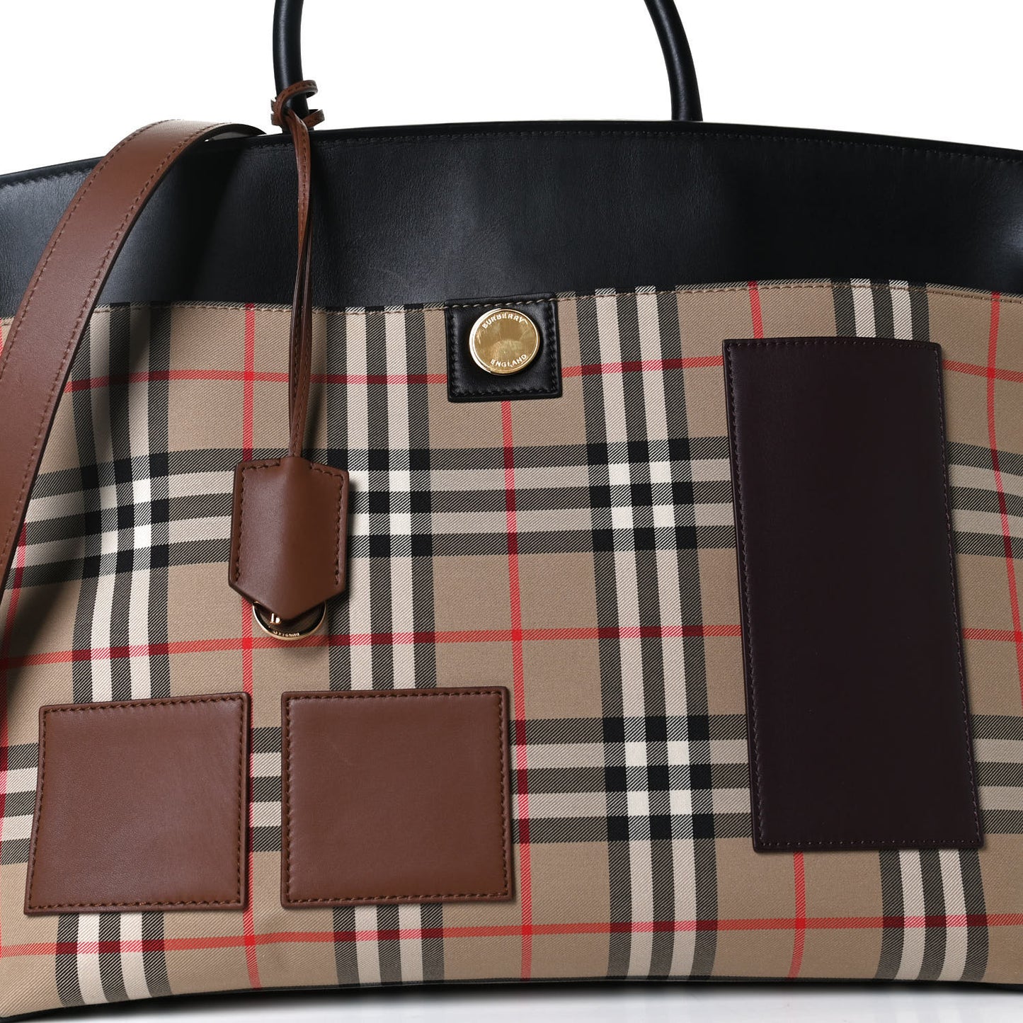 Calfskin House Check Medium Society Top Handle Bag Archive Beige Black