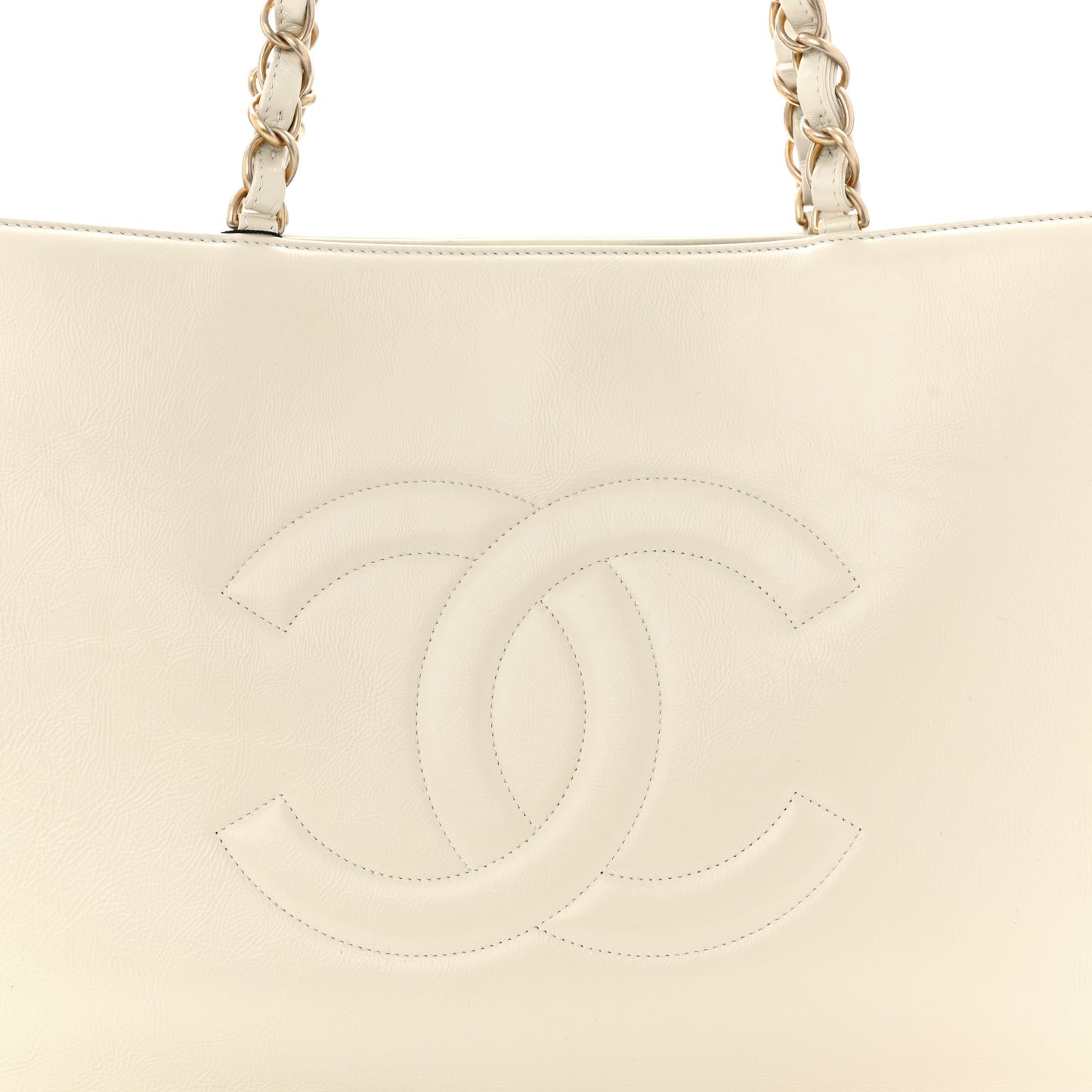 Shiny Aged Calfskin Shopping Bag White