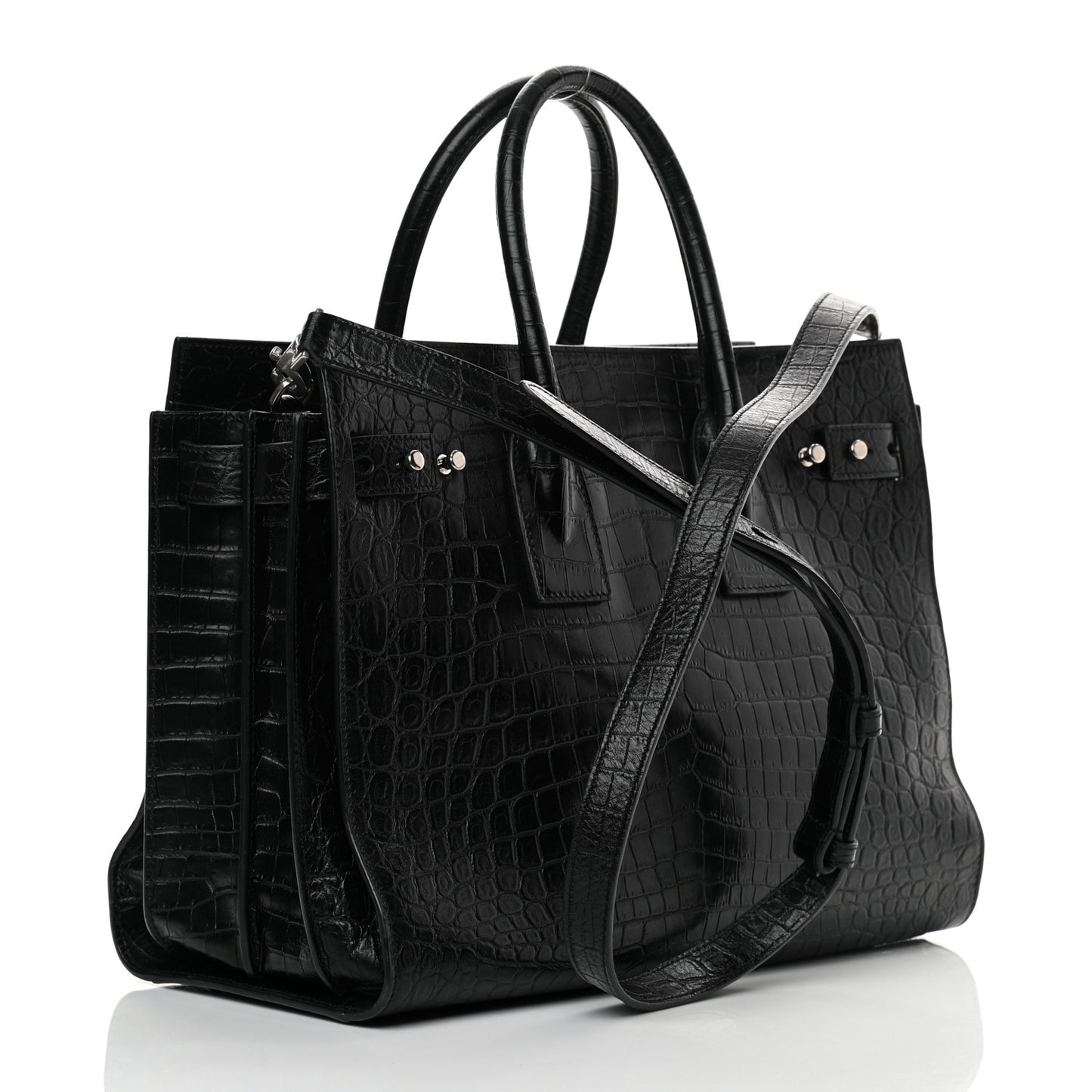 Calfskin Crocodile Embossed Small Supple Sac de Jour Black