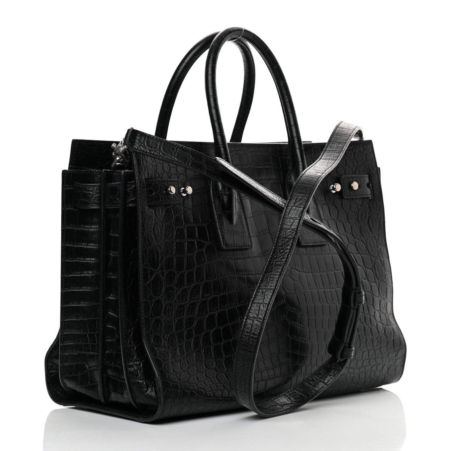 Saint Laurent Calfskin Crocodile Embossed Small Supple Sac de Jour Black 3 of 11