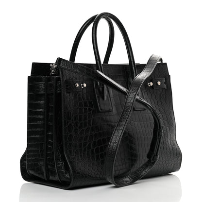 Saint Laurent Calfskin Crocodile Embossed Small Supple Sac de Jour Black 3 of 11