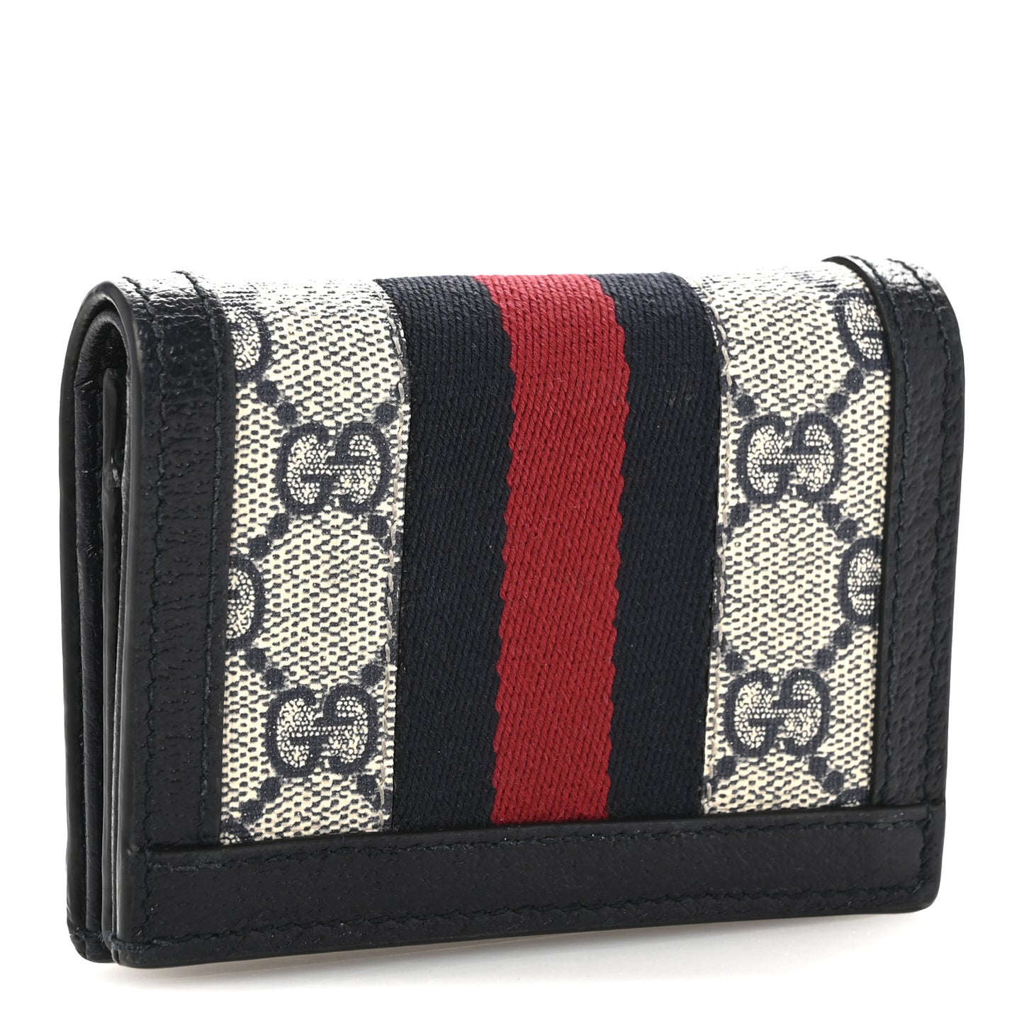 GG Supreme Monogram Textured Dollar Calfskin Web Ophidia Card Case Beige Blue