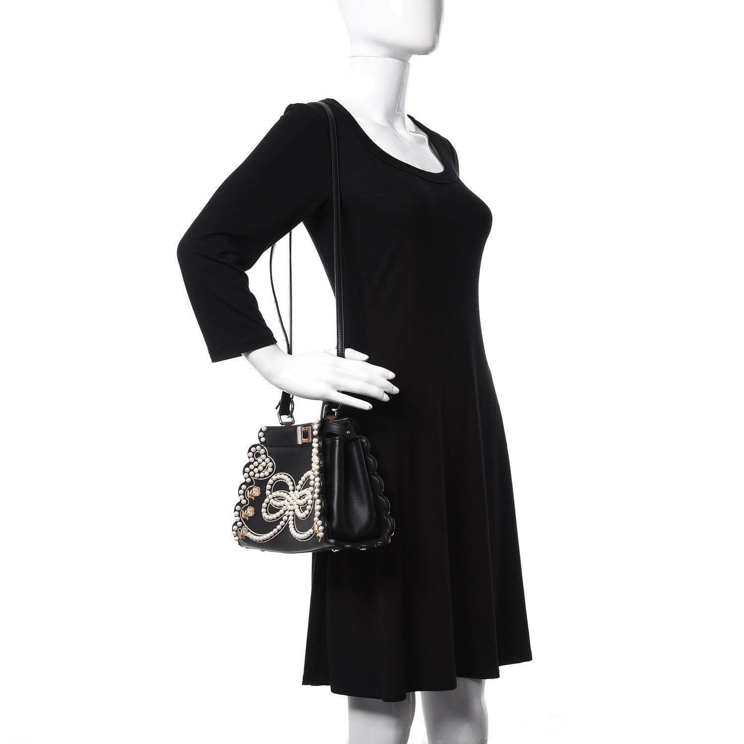 Fendi Calfskin Flowers and Bows Scalloped Mini Peekaboo Iconic Satchel Black Camelia 2 of 11