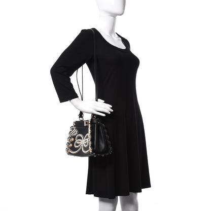 Fendi Calfskin Flowers and Bows Scalloped Mini Peekaboo Iconic Satchel Black Camelia 2 of 11