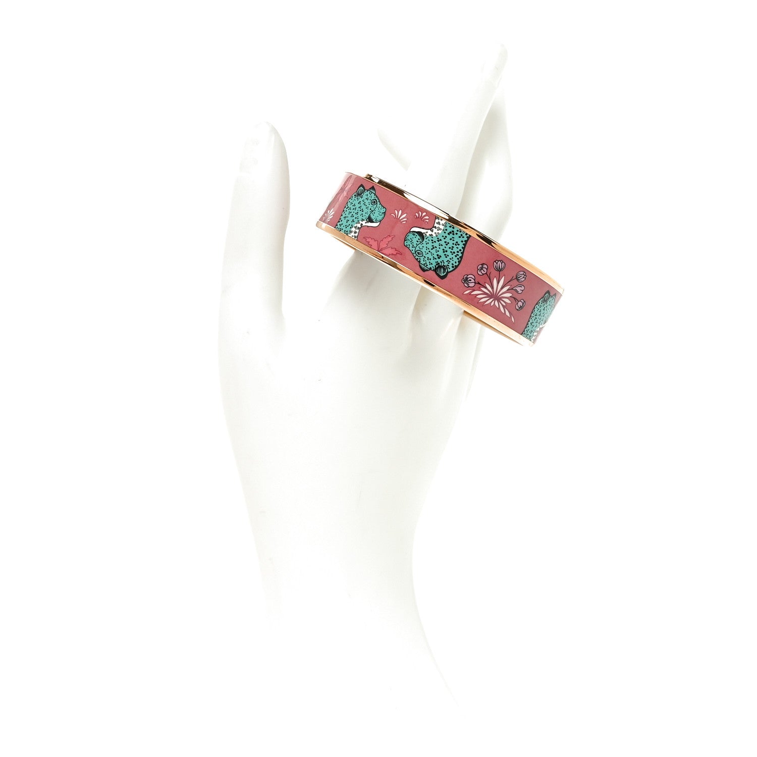 Hermes Enamel Printed Wide Les Léopards Bracelet 65 Rose Couture 2 of 6