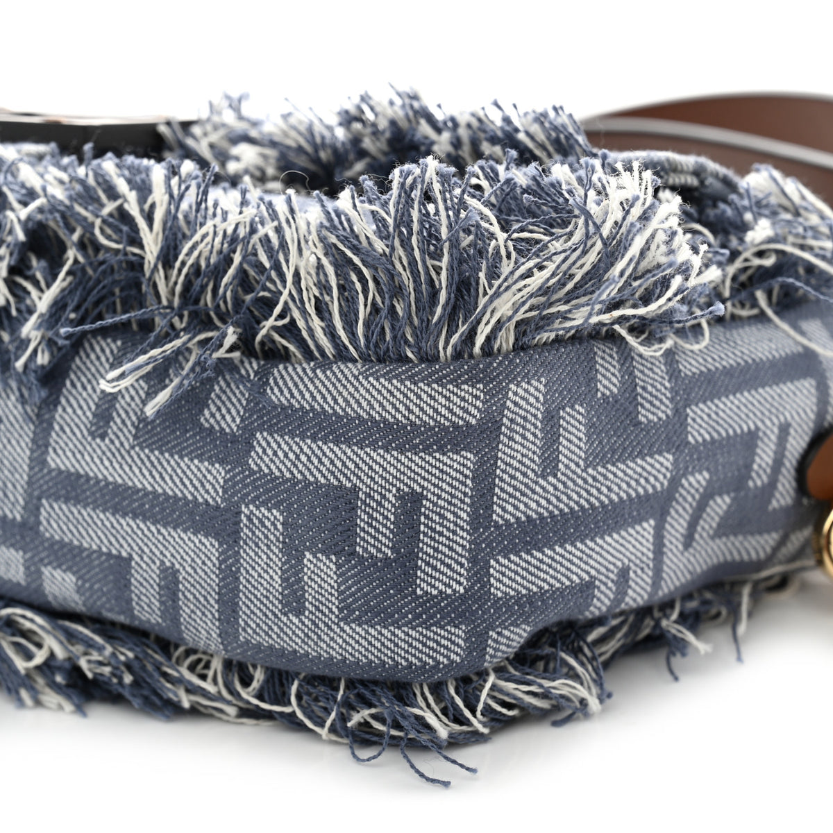 Denim Vitello Fringe FF Embroidered Baguette Myrtle Dark Nut