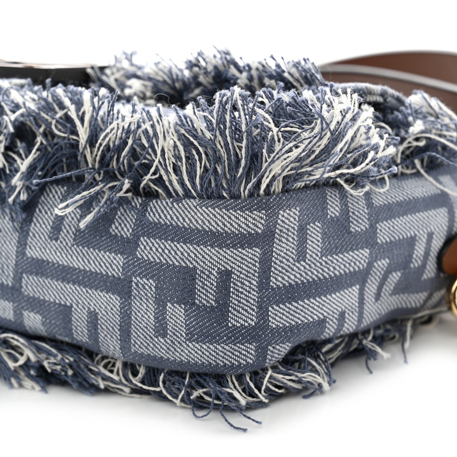 Fendi Denim Vitello Fringe FF Embroidered Baguette Myrtle Dark Nut 8 of 10