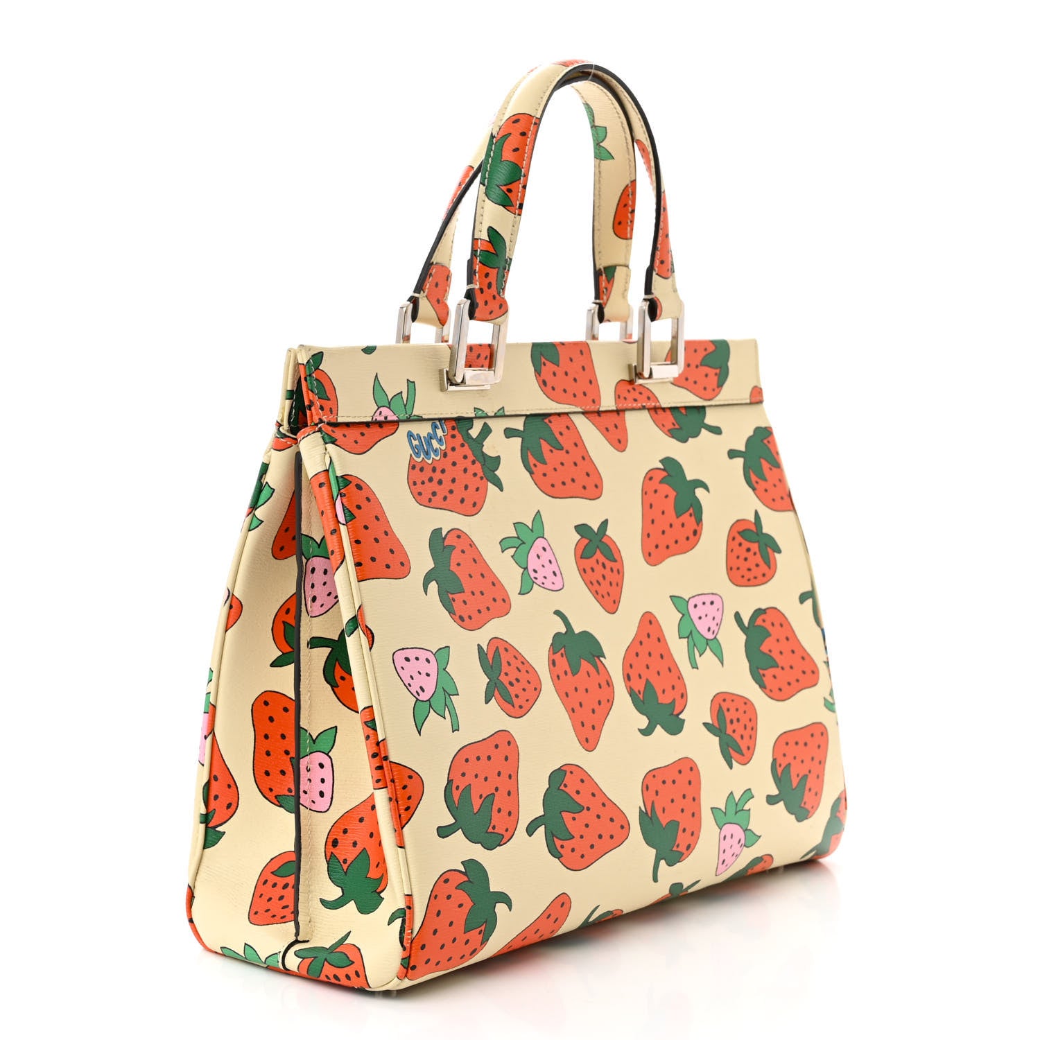 Gucci Calfskin Strawberry Print Medium Zumi Top Handle Bag Ivory Red 2 of 11