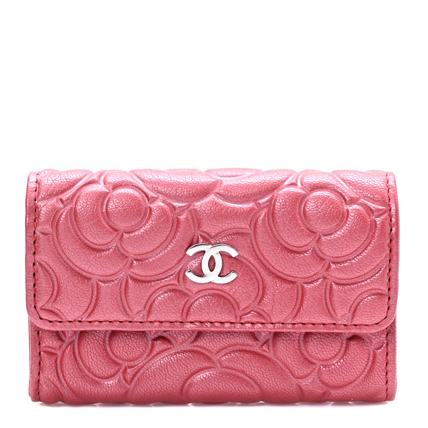 Goatskin Camellia Embossed Card Holder Wallet Pink