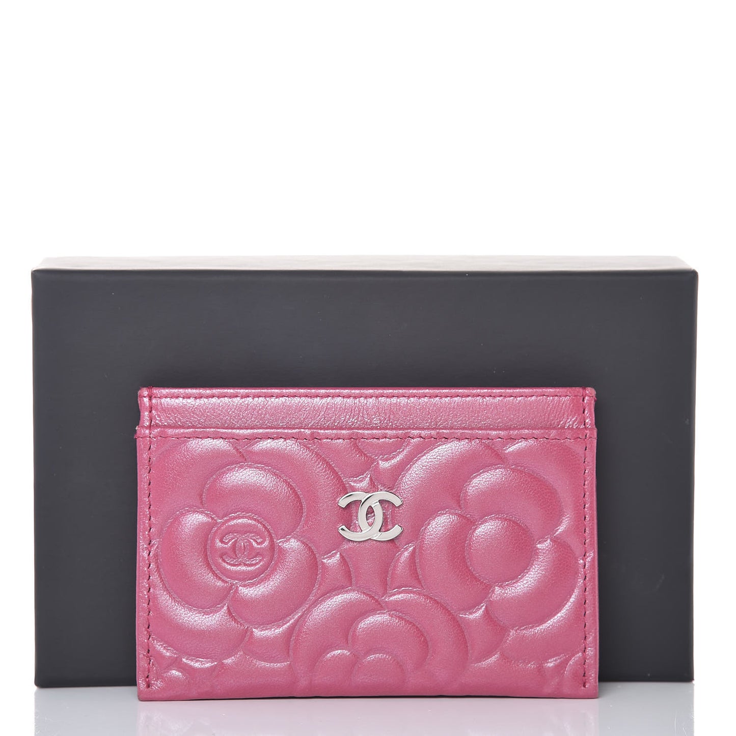 Metallic Lambskin Camellia Embossed Card Holder Fuchsia