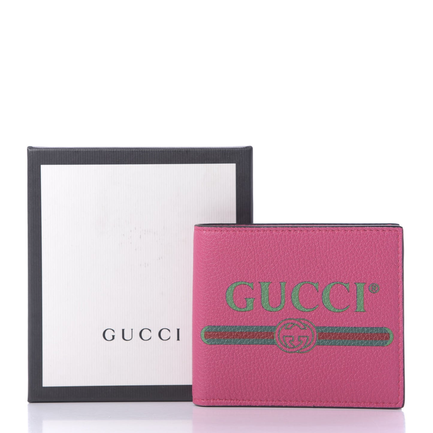Grained Calfskin Logo Bi-Fold Wallet Box Pink Green