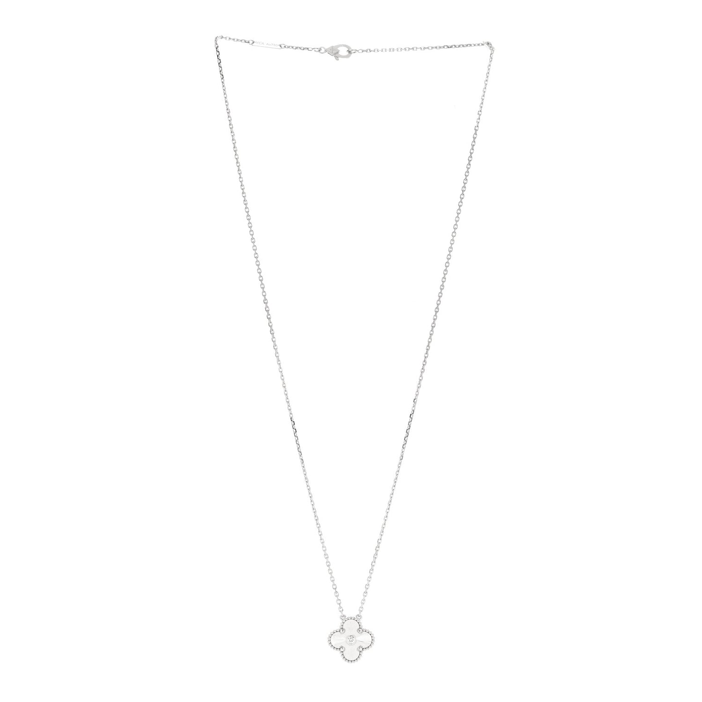 18K White Gold Diamond Guilloche Vintage Alhambra Pendant Necklace
