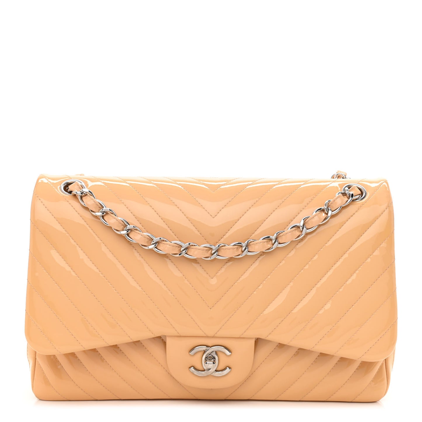 Patent Chevron Quilted Jumbo Double Flap Beige