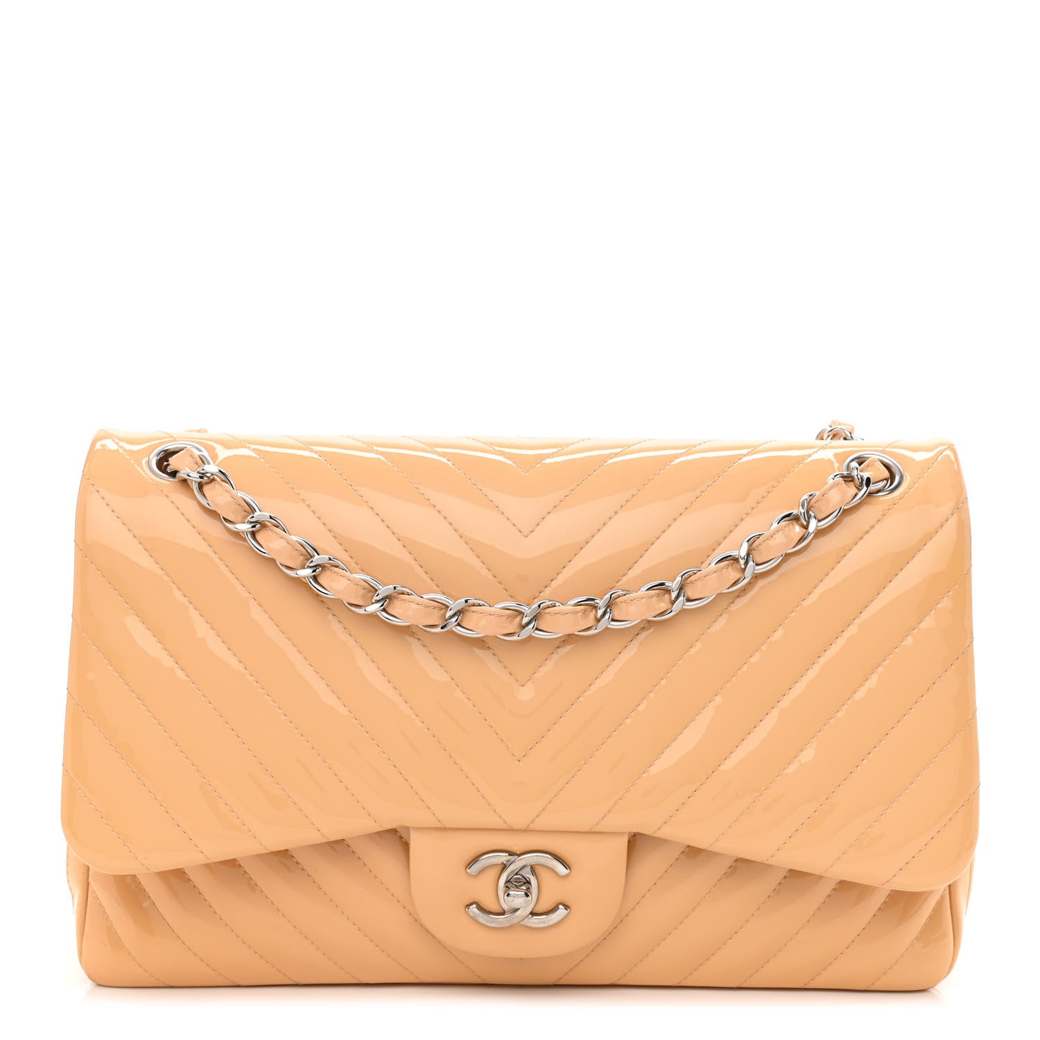 Chanel Patent Chevron Quilted Jumbo Double Flap Beige 1 of 13