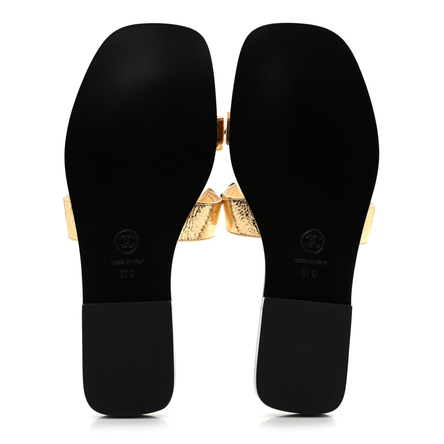 Crackled Laminated Calfskin CC Cut Out Mules Sandals 37 Gold