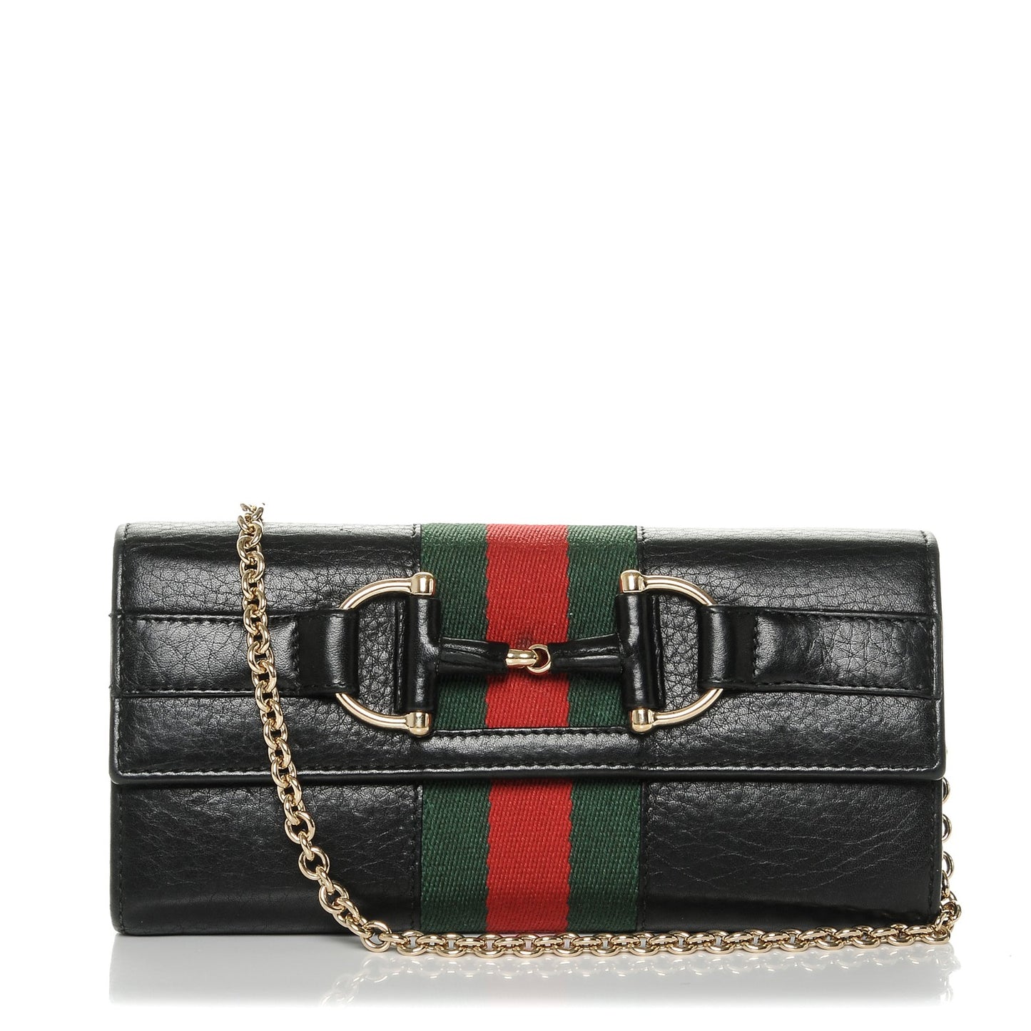 Calfskin Web Horsebit Chain Clutch Wallet Black