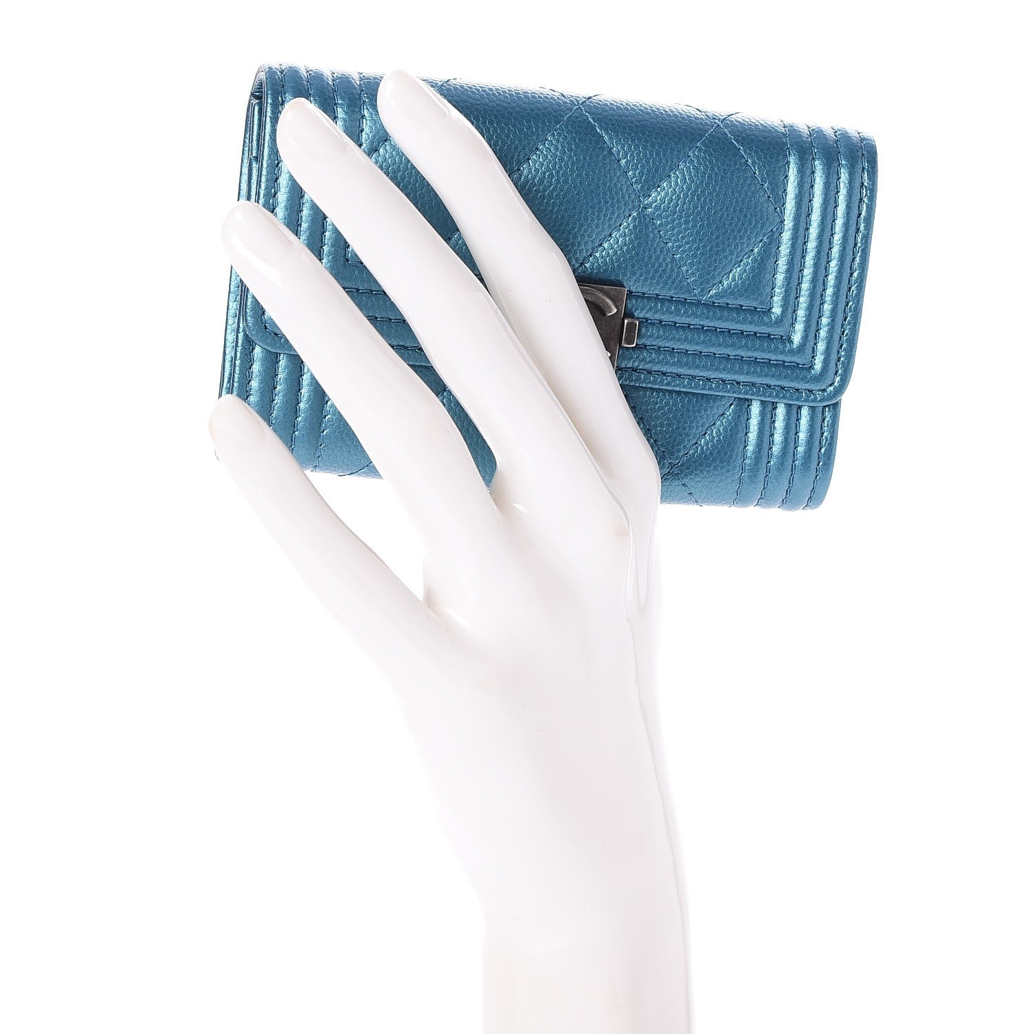 Chanel Metallic Caviar Quilted Boy Card Holder Wallet Turquoise 2 of 8