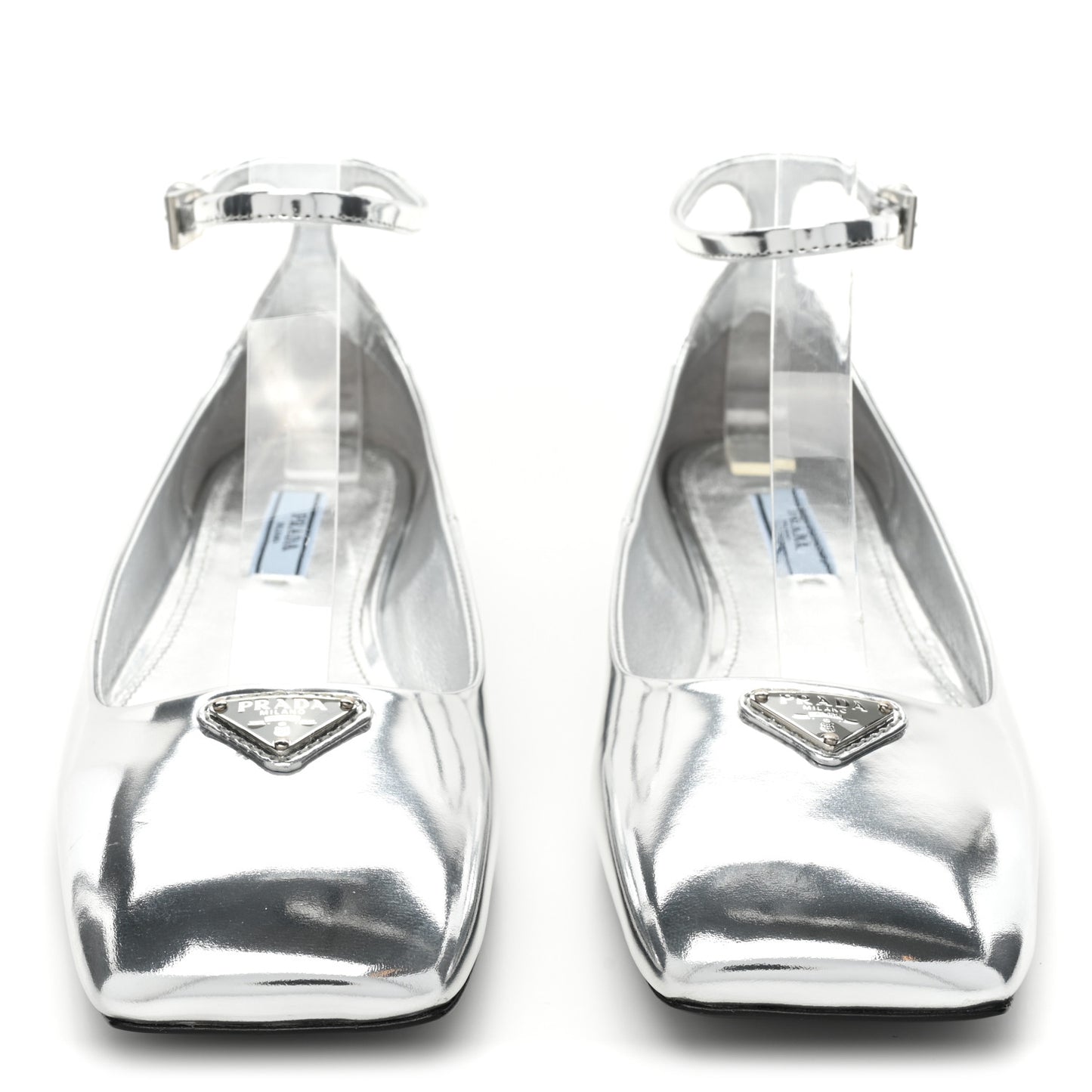 Metallic Calfskin Metal Triangle Logo Ankle Strap Ballerinas 36.5 Silver
