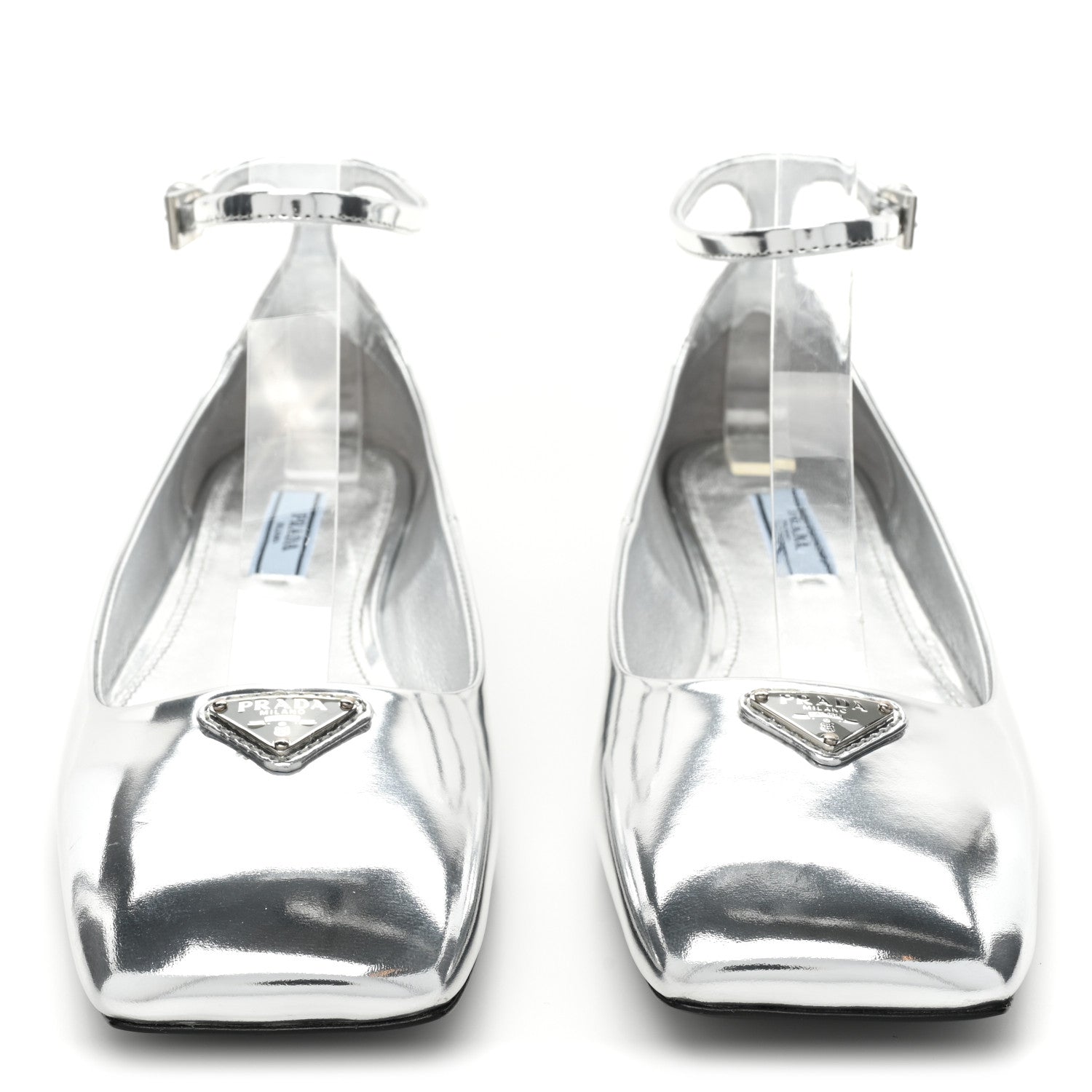 Prada Metallic Calfskin Metal Triangle Logo Ankle Strap Ballerinas 36.5 Silver 2 of 10