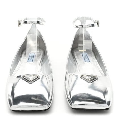 Prada Metallic Calfskin Metal Triangle Logo Ankle Strap Ballerinas 36.5 Silver 2 of 10