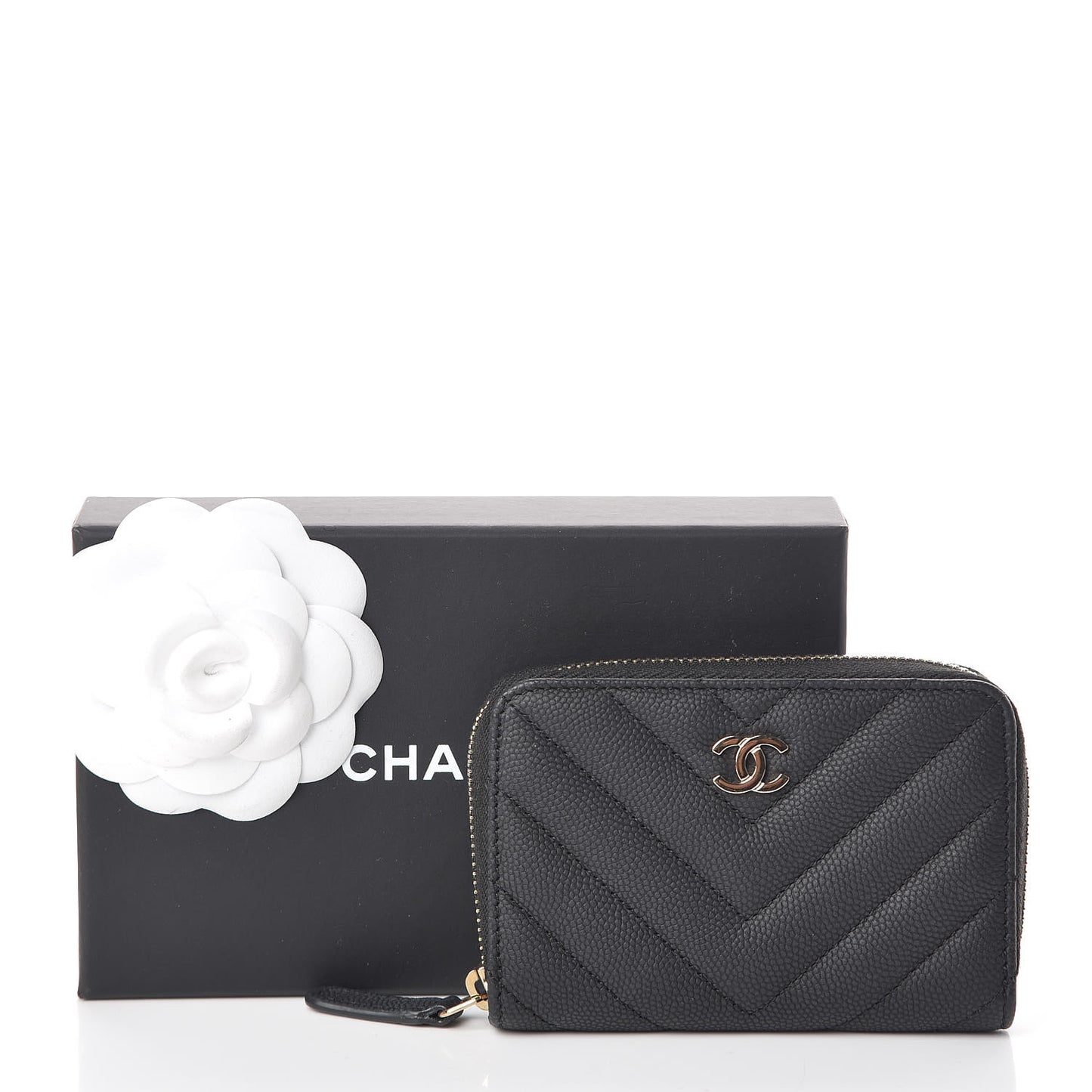 Caviar Chevron Quilted Zip Coin Purse Black