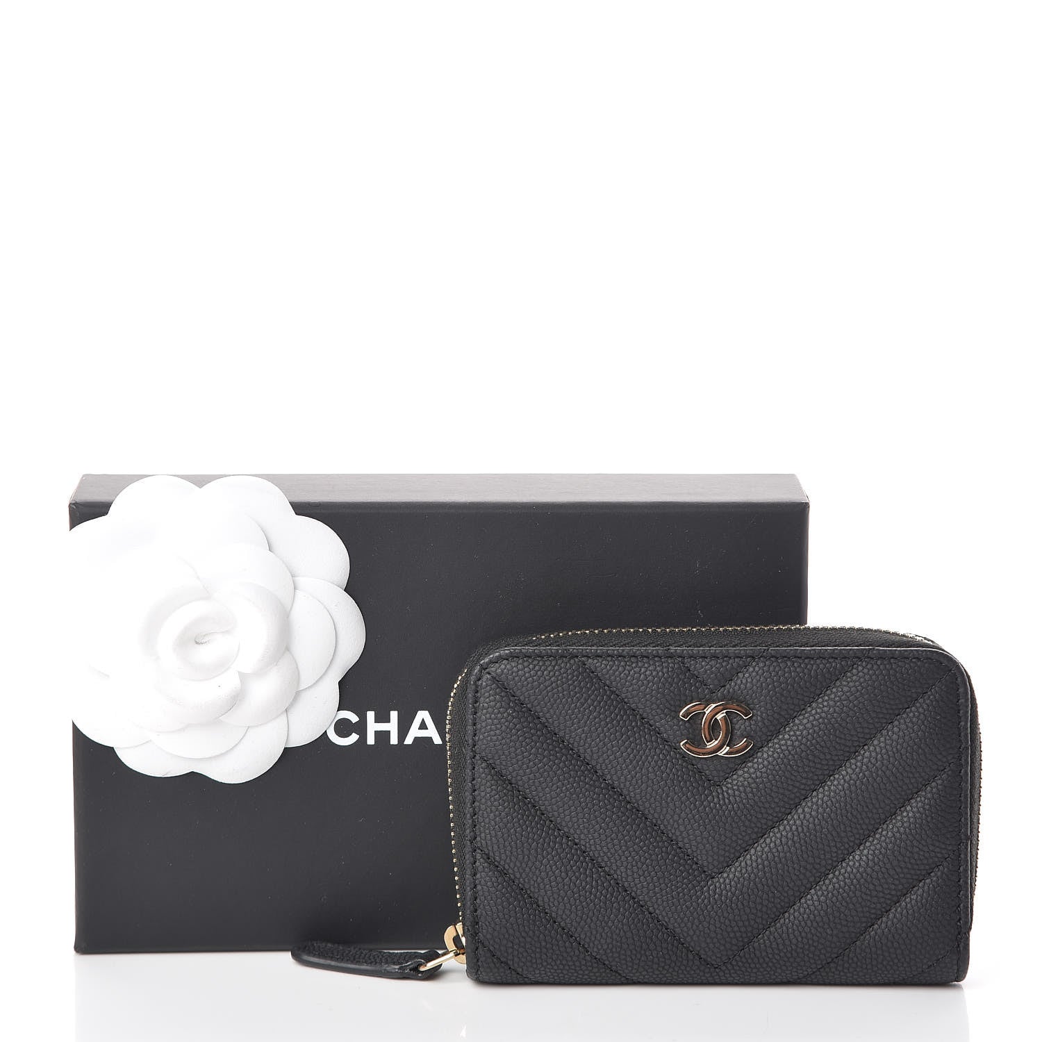 Chanel Caviar Chevron Quilted Zip Coin Purse Black 8 of 8