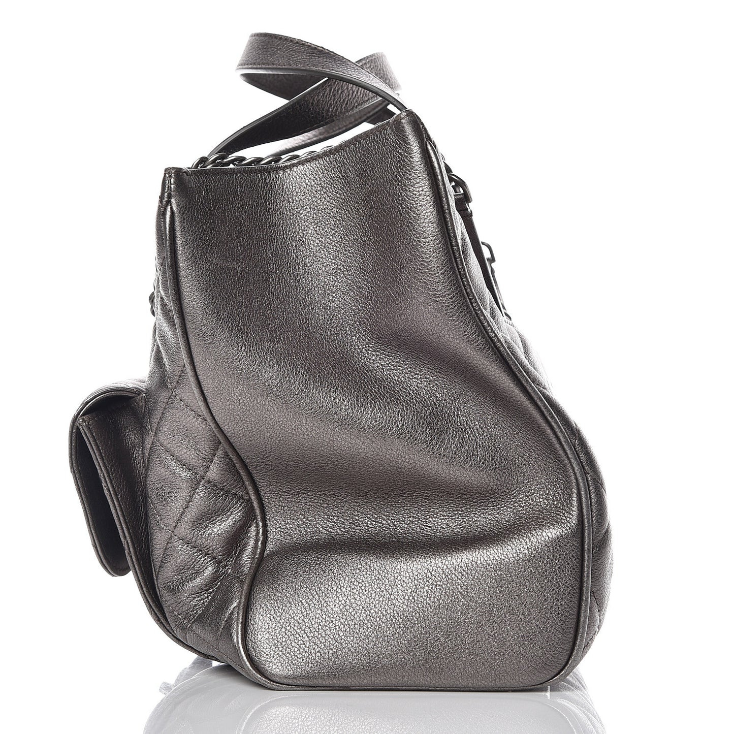 Metallic Grained Calfskin Quilted Large Casual Pocket Tote Silver