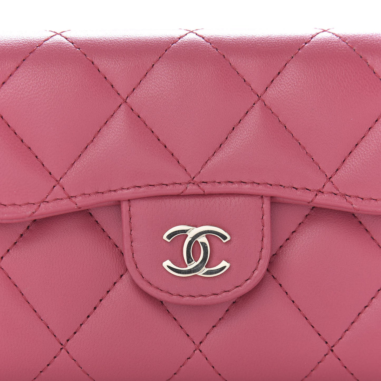Lambskin Quilted Flap Card Holder Wallet Dark Pink