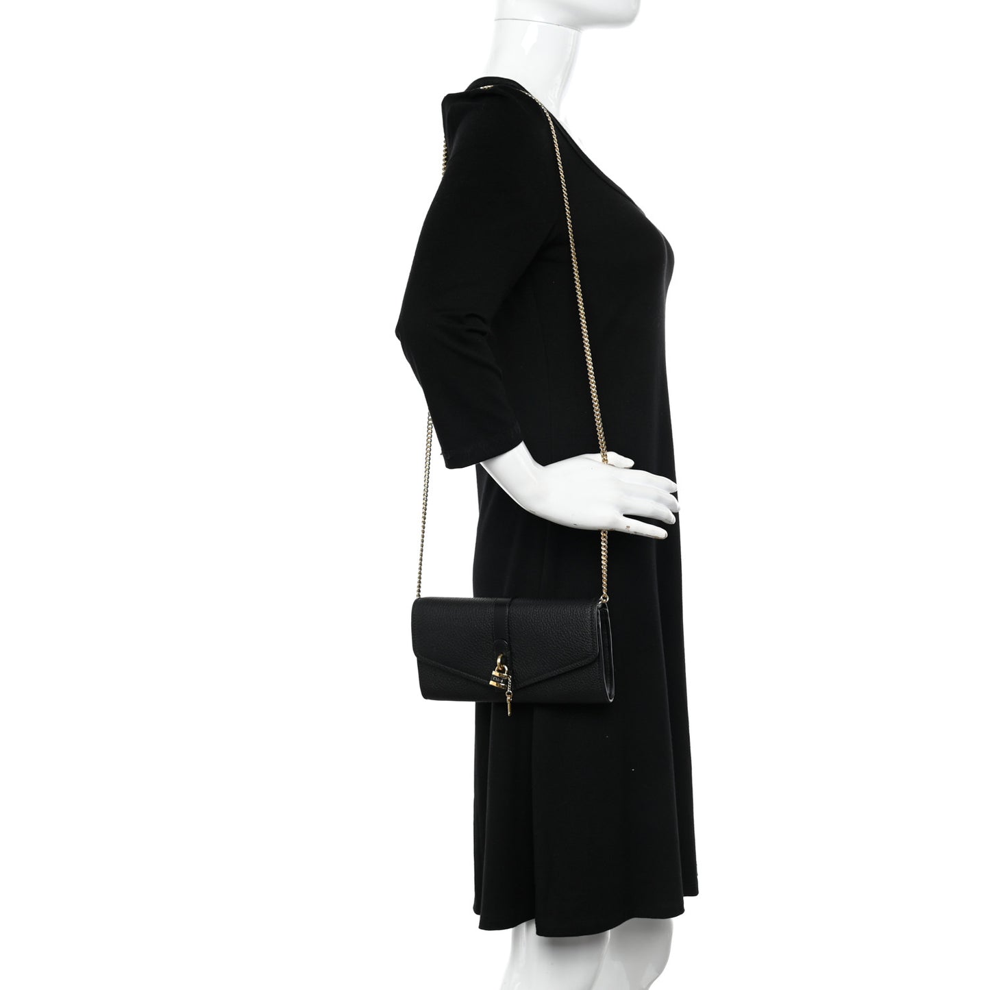 Shiny Grained Calfskin Aby Wallet on Chain Black