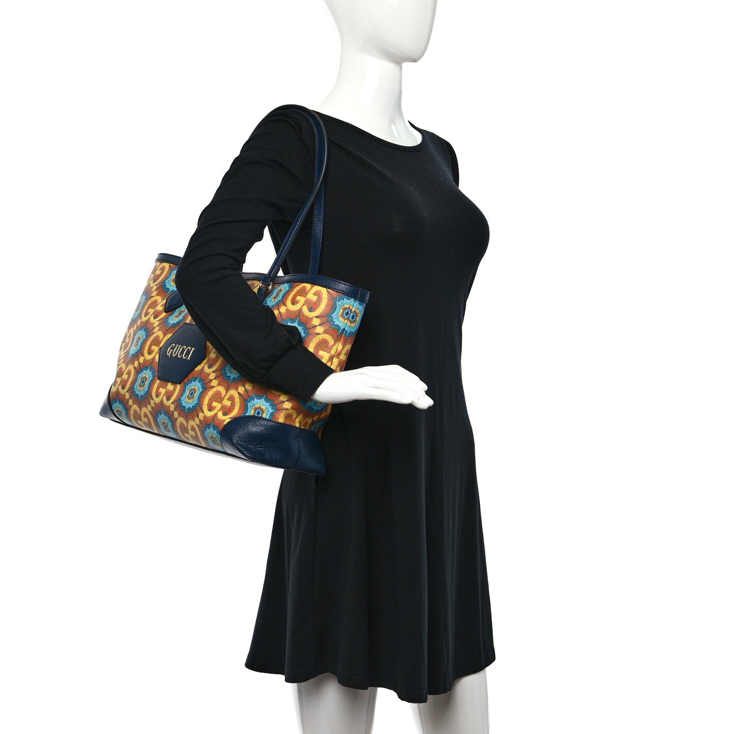 Gucci GG Supreme Kaleidoscope Calfskin Script Logo Gucci 100 Tote Bag Blue Orange Multicolor Blue Agata 2 of 8