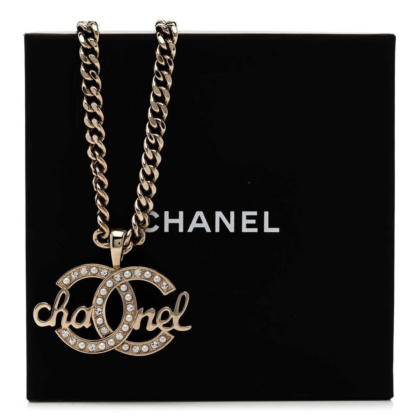 Metal Crystal Pearl Logo Chain Link CC Necklace Gold