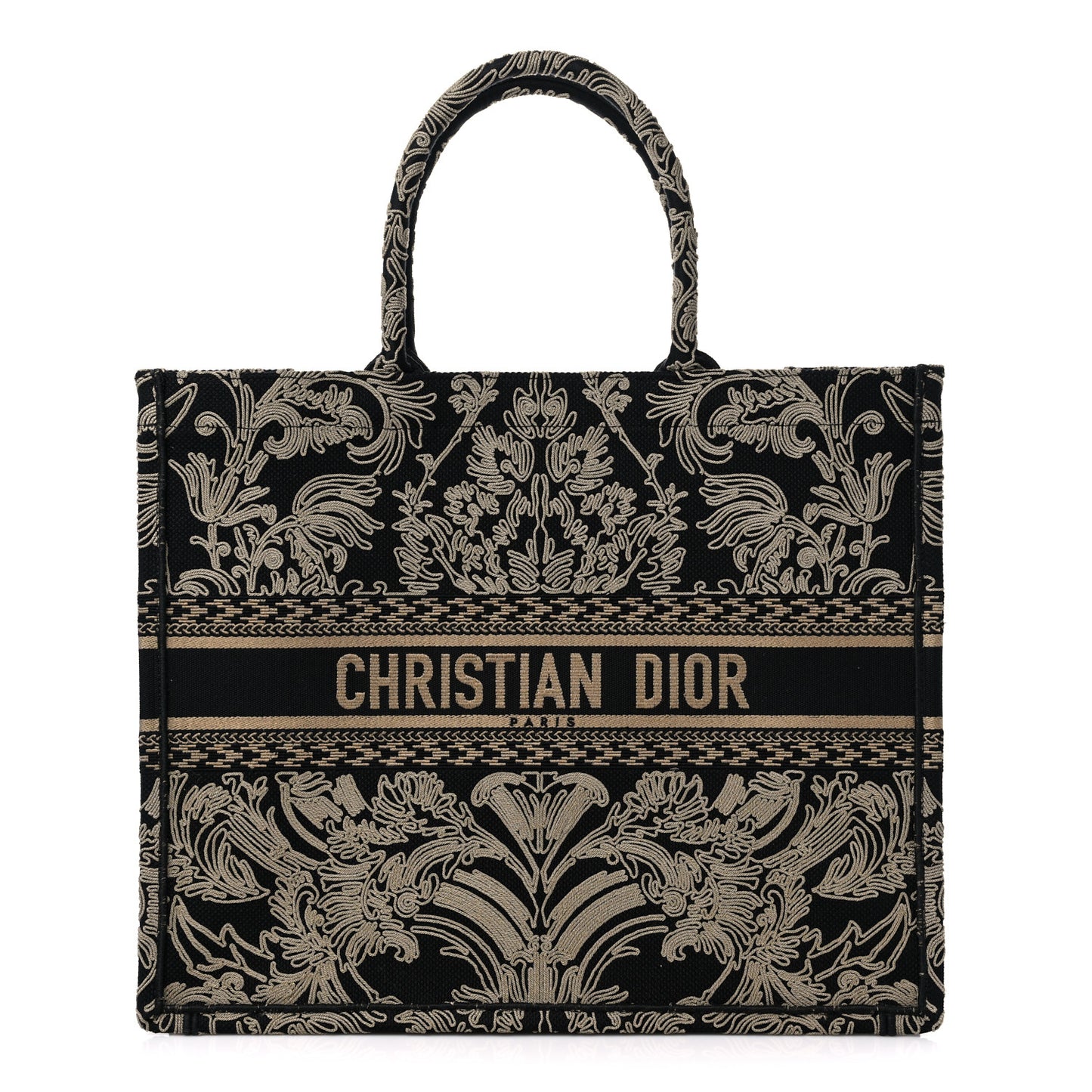 Canvas Embroidered Large Ornamental Cornely Effect Book Tote Black Beige