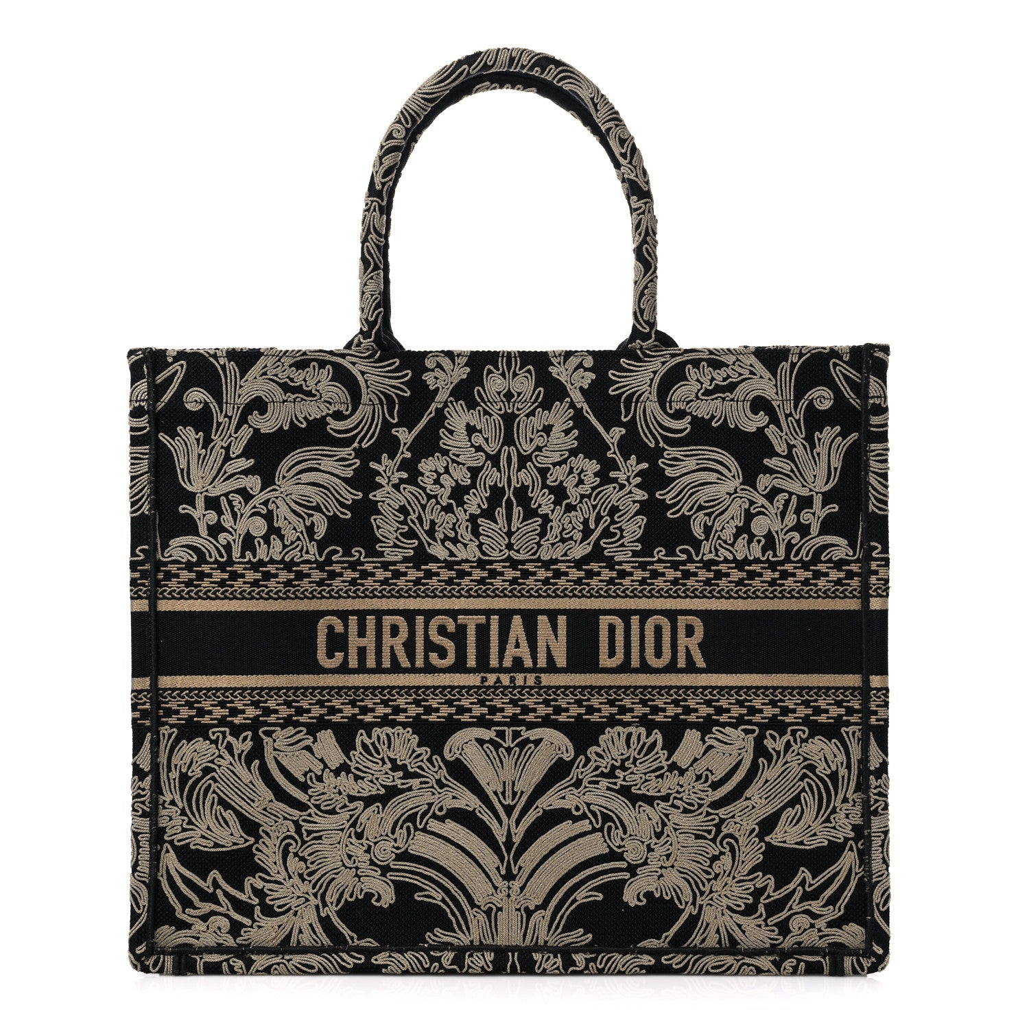 Christian Dior Canvas Embroidered Large Ornamental Cornely Effect Book Tote Black Beige 1 of 11