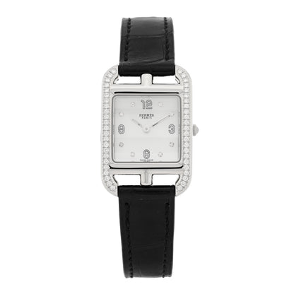 Hermes Stainless Steel Alligator Diamond Bezel Mother of Pearl 23mm Cape Cod Quartz Watch Noir 1 of 5