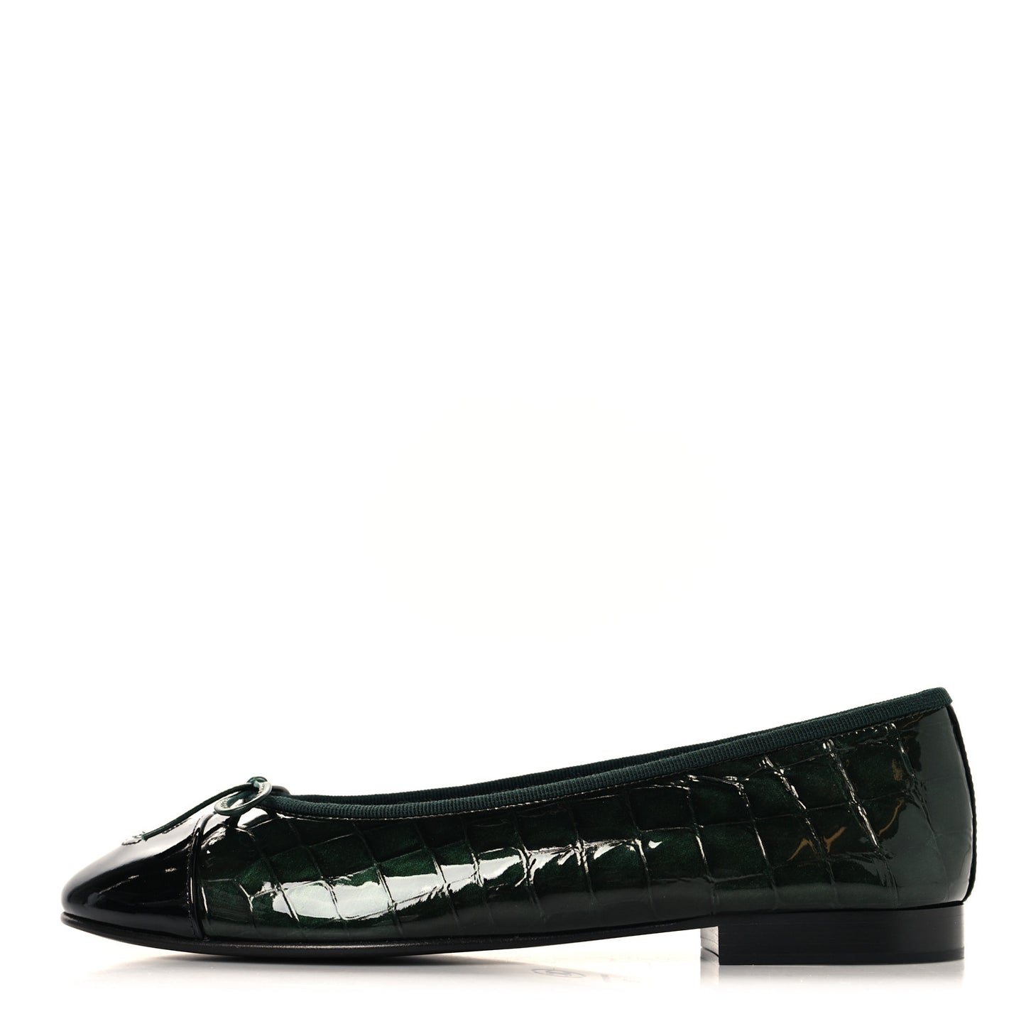 Patent Calfskin Crocodile Embossed Ballerina Flats 38 Dark Green Black