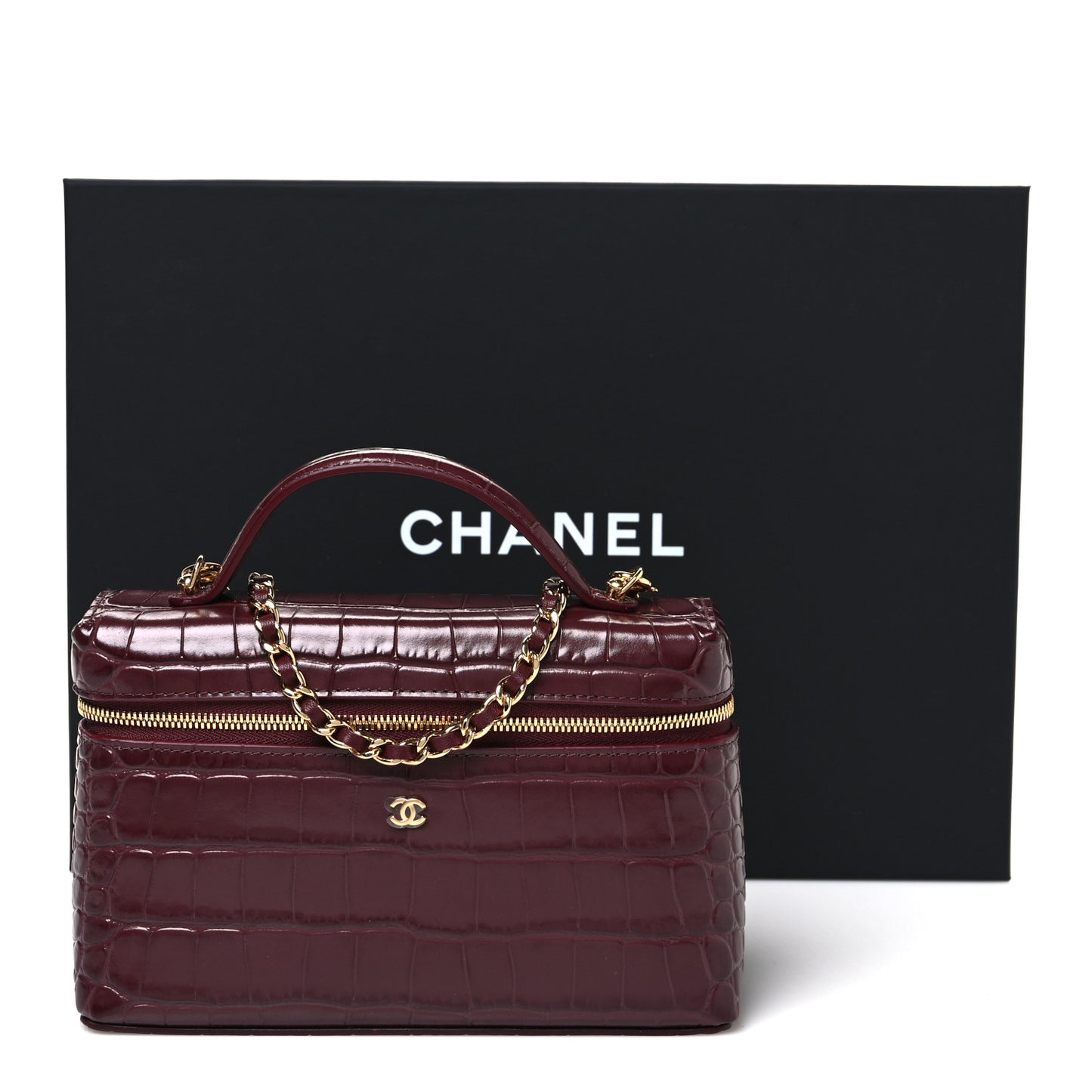 Calfskin Crocodile Embossed Crococo Exoticoco Vanity With Chain Dark Burgundy