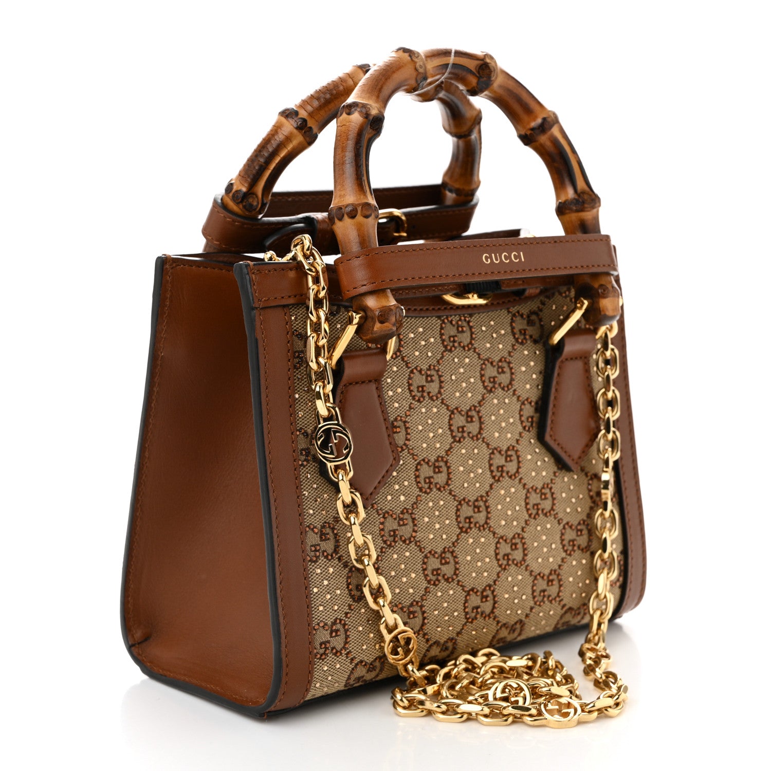 Gucci New Canvas Charisma Calfskin Crystal GG Monogram Mini Diana Tote Bag Camel Ebony 3 of 11
