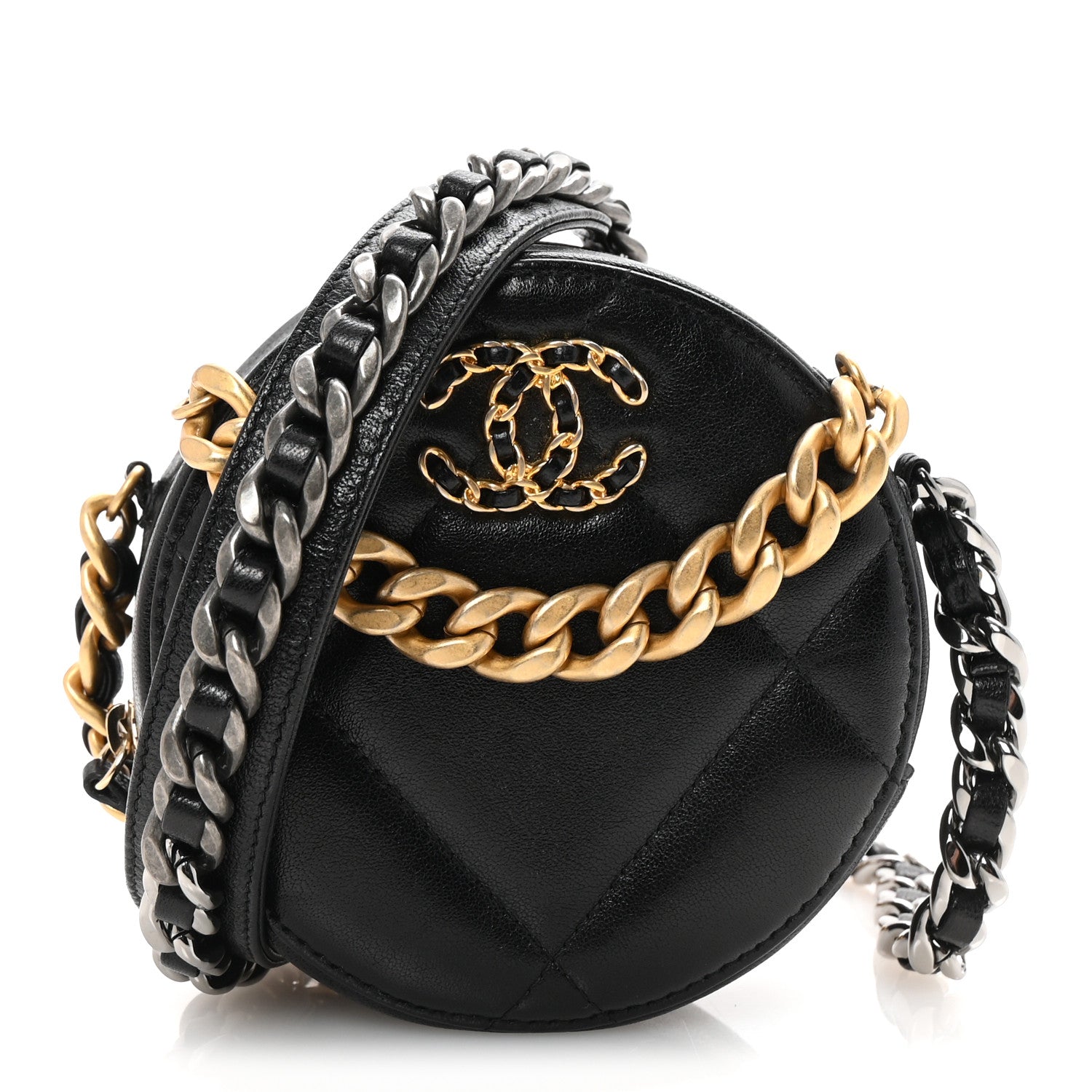 Chanel Lambskin Quilted Chanel 19 Round Clutch With Chain Black 1 of 9