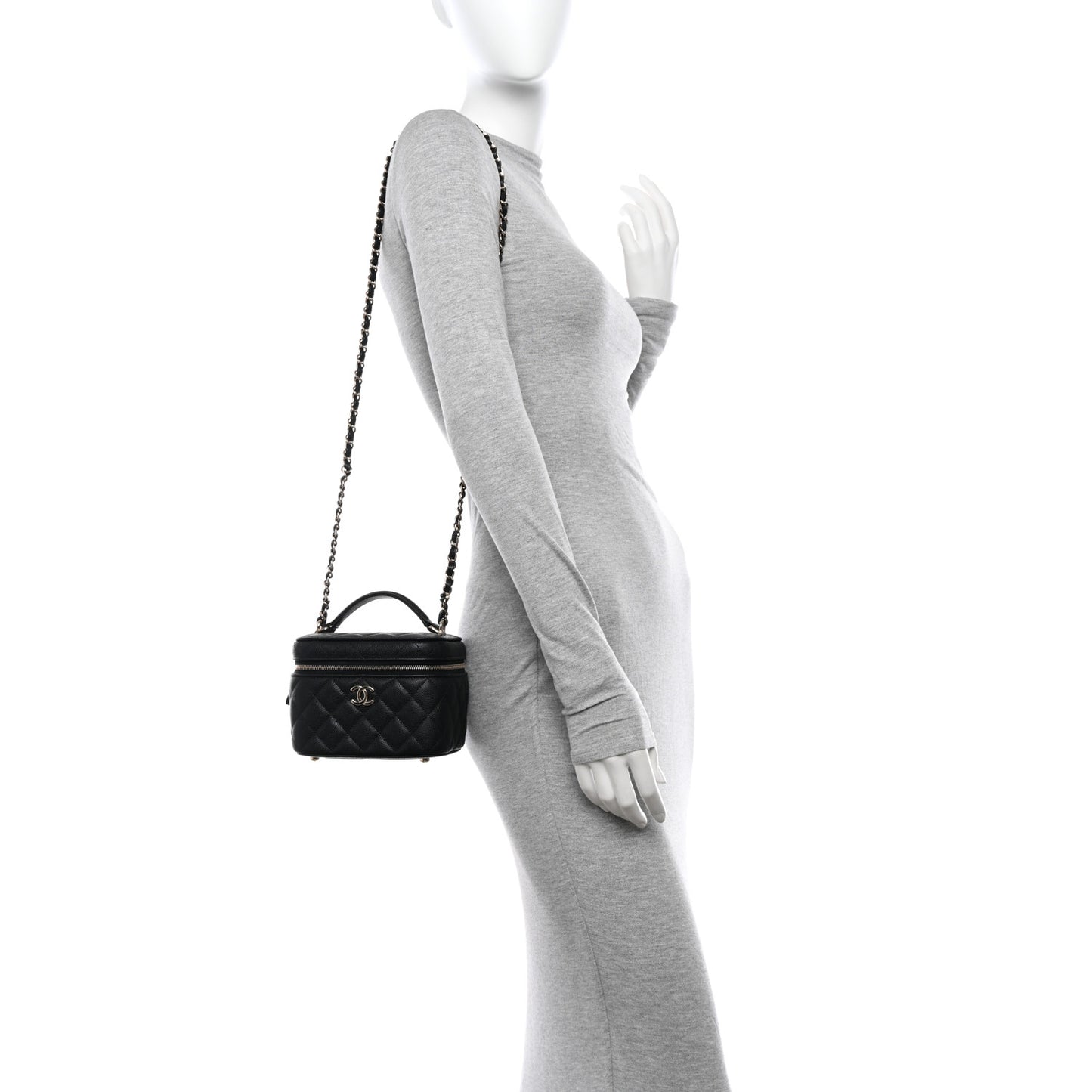Caviar Quilted Small Top Handle Vanity Case With Chain Black