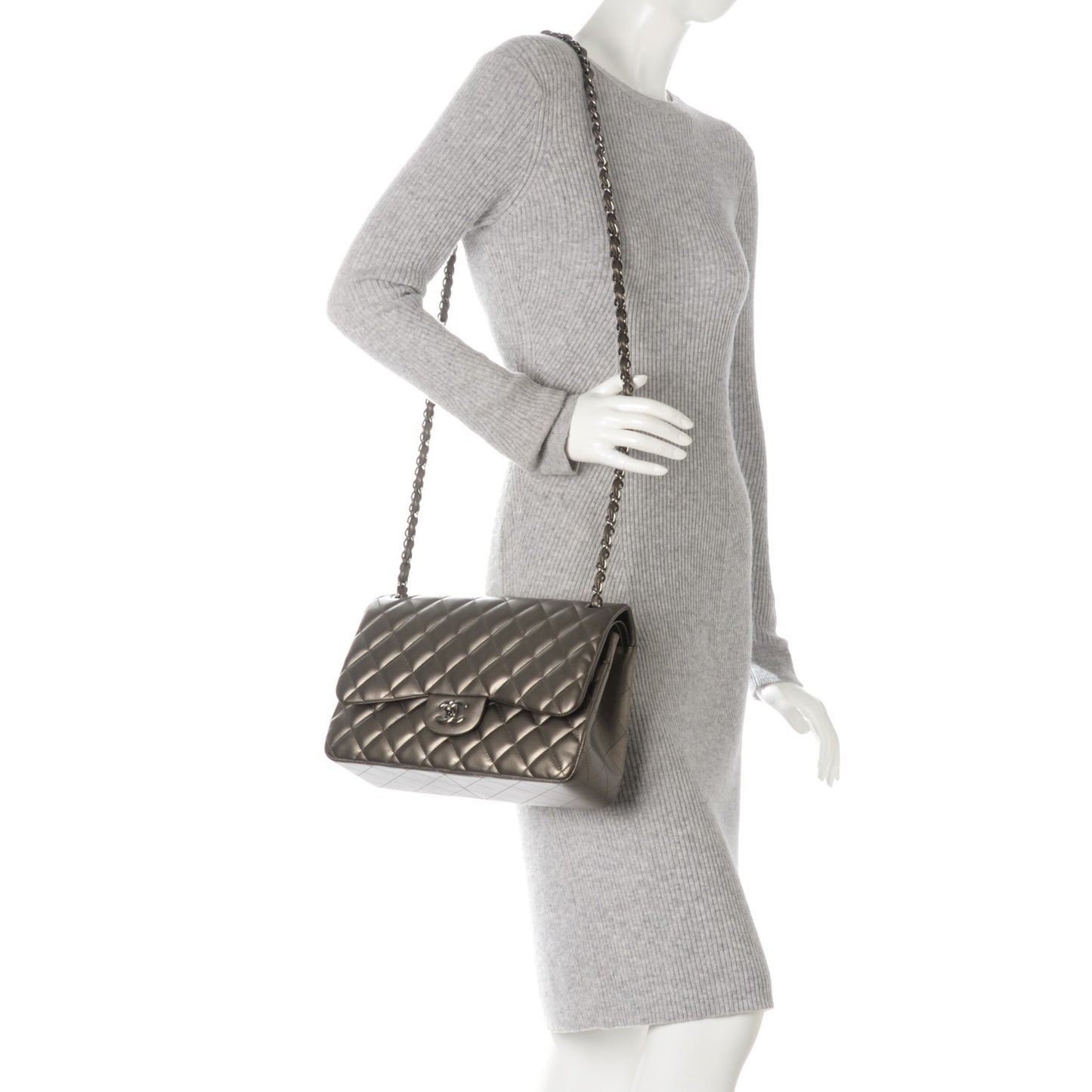 Metallic Lambskin Quilted Jumbo Double Flap Pewter