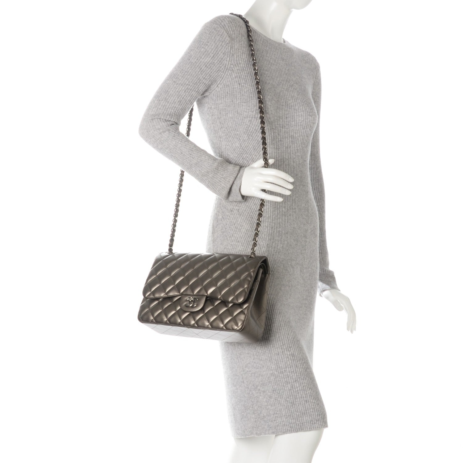 Chanel Metallic Lambskin Quilted Jumbo Double Flap Pewter 2 of 9