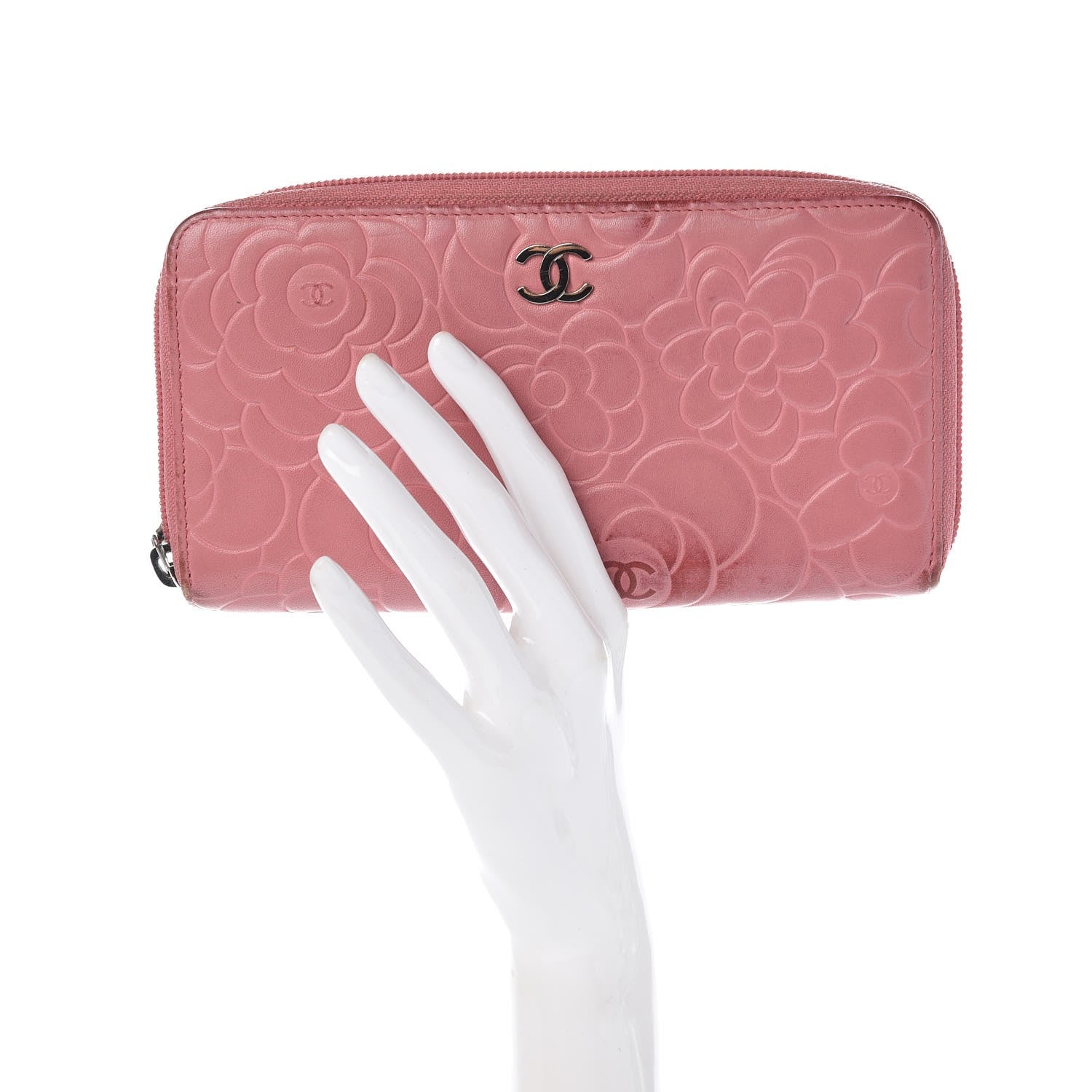 Chanel Lambskin Camellia Embossed Zip Around Large Gusset Wallet Pink 2 of 15