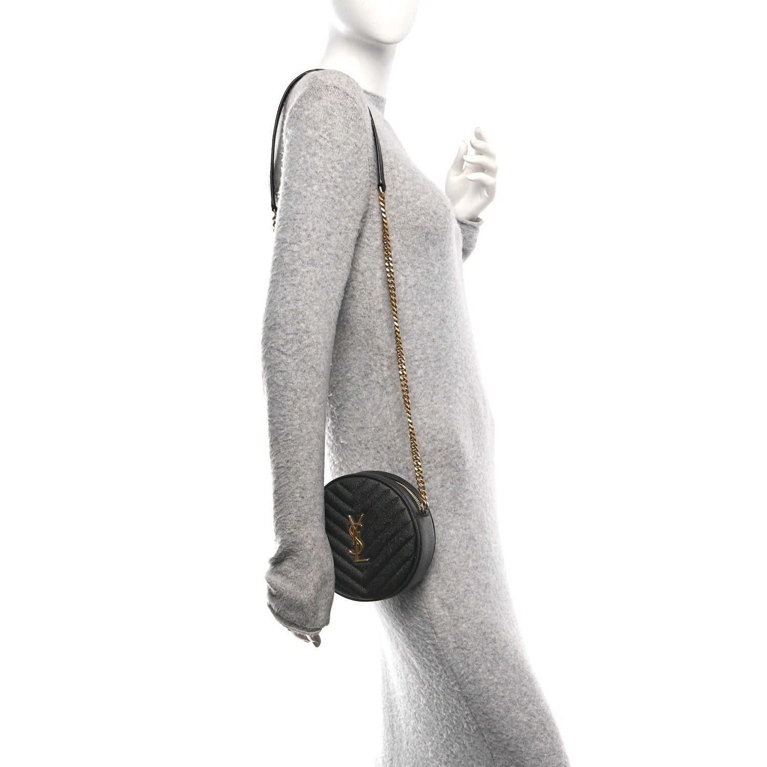 Saint Laurent Grain De Poudre Matelasse Chevron Quilted Round Vinyle Camera Bag Black 2 of 10