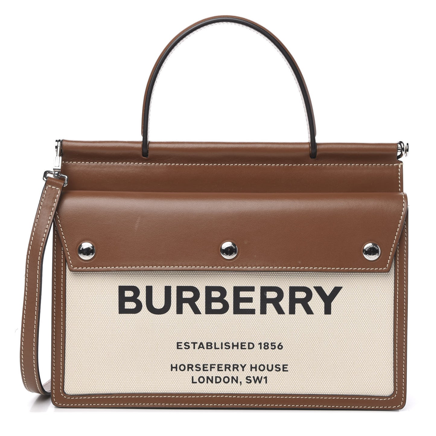 Smooth Calfskin Canvas Horseferry Print Small Title Bag with Pocket Natural Malt Brown
