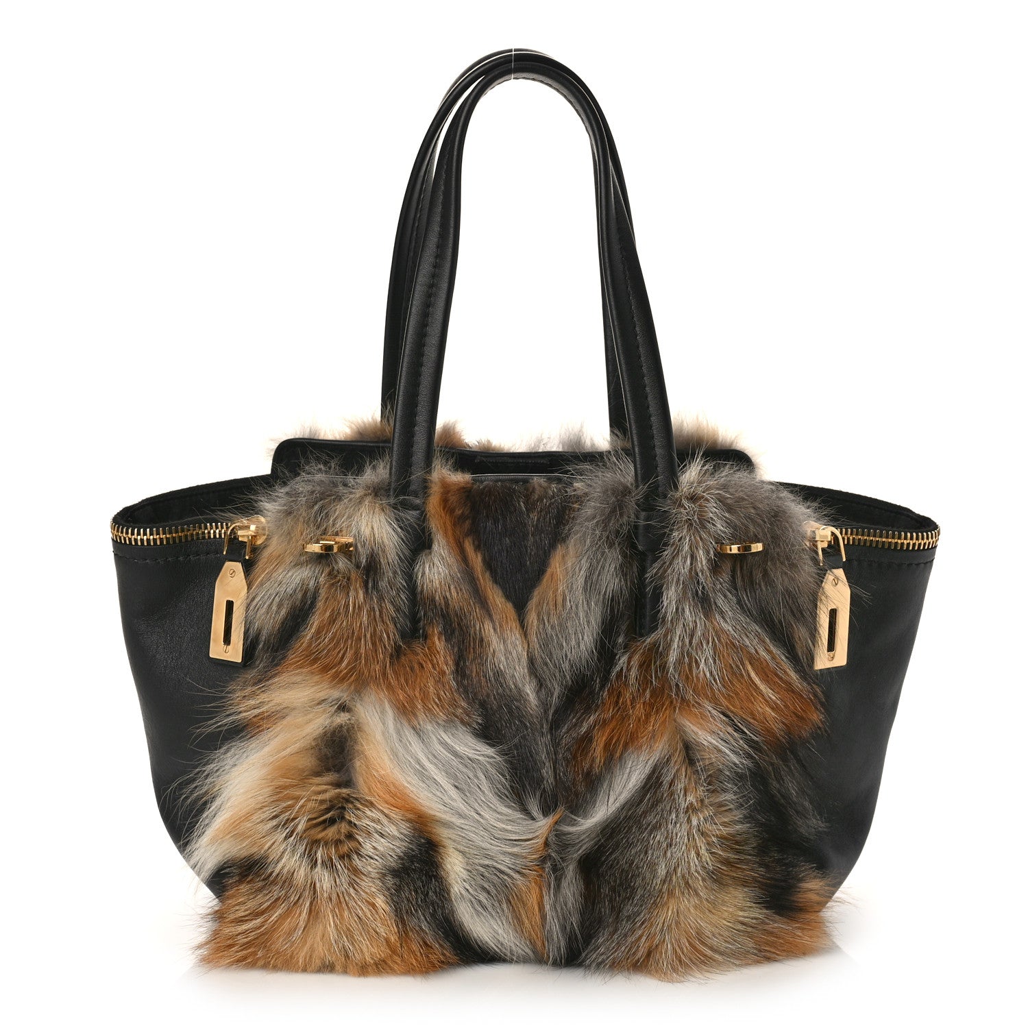 Salvatore Ferragamo Calfskin Fox Fur Medium Verve Double Zip Tote Black Multicolor 1 of 8