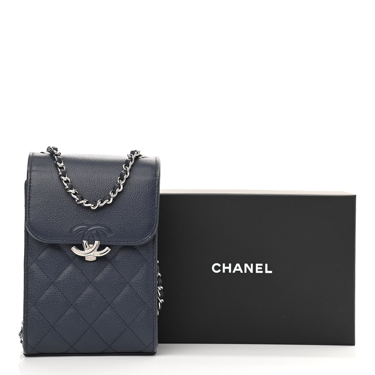 Grained Calfskin Quilted CC Box Clutch With Chain Navy